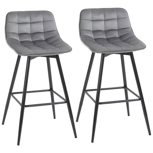 Bar Stools Set of 2, Fabric Upholstered Counter Height Bar Chairs, Kitchen Chairs with Back and Metal Legs, Grey