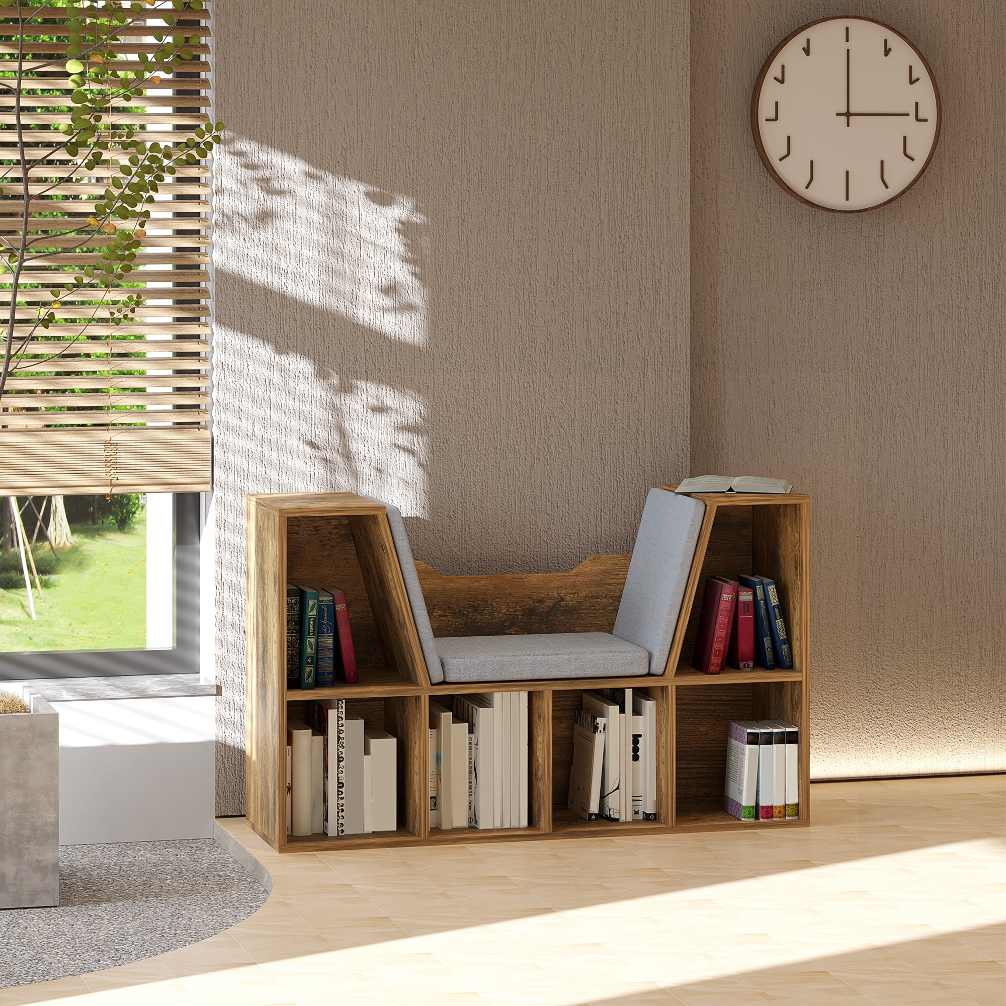 6-Cubby Bookcase with Seat Cushion, Cube Storage Shelf with Reading Nook for Home Office, Study, Rustic Brown Bookshelves & Bookcases at Gallery Canada