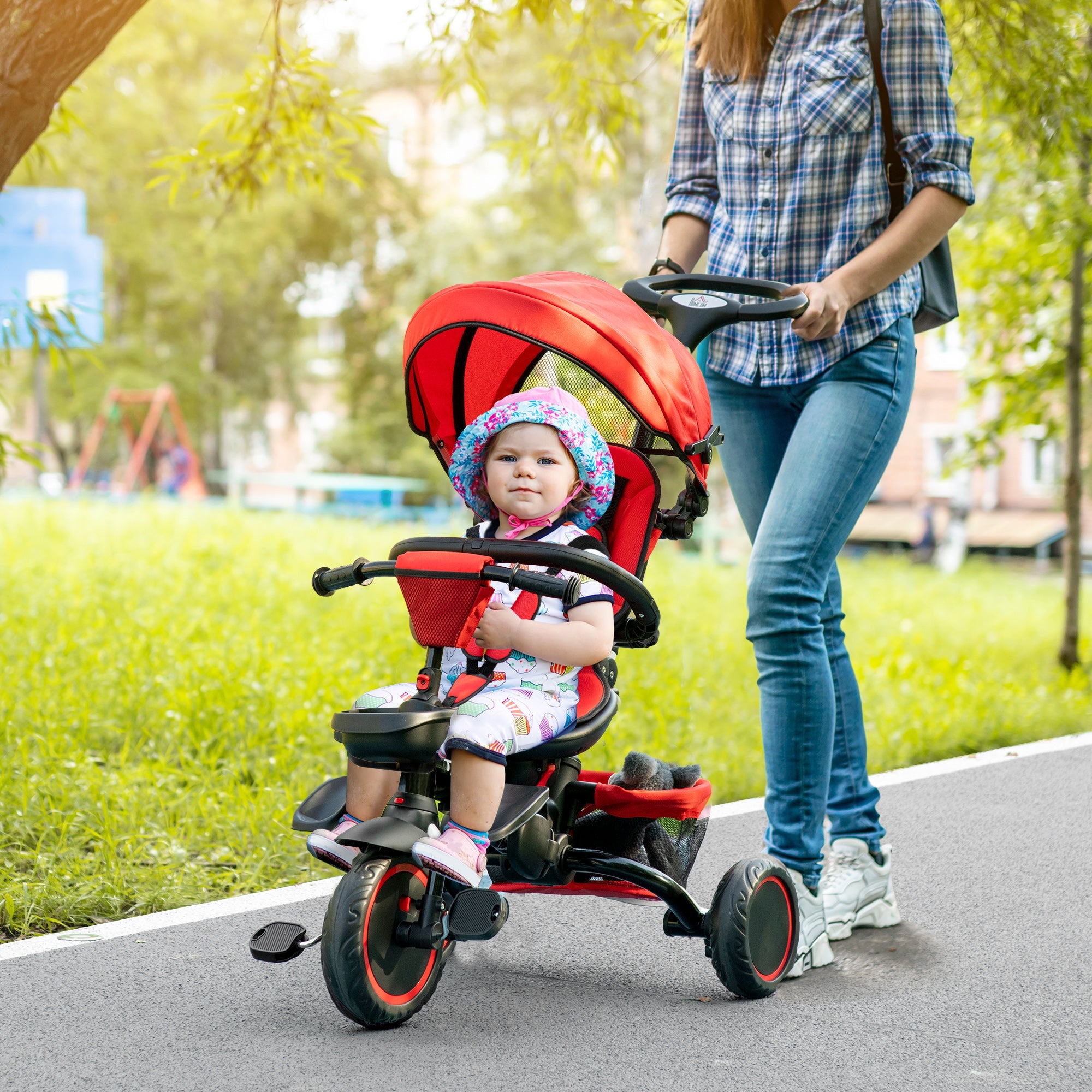 6-in-1 Toddler Tricycle for 12-50 Months, Foldable Kids Trike with Adjustable Seat and Push Handle, Safety Harness, Removable Canopy, Footrest, Red Tricycles for Kids   at Gallery Canada