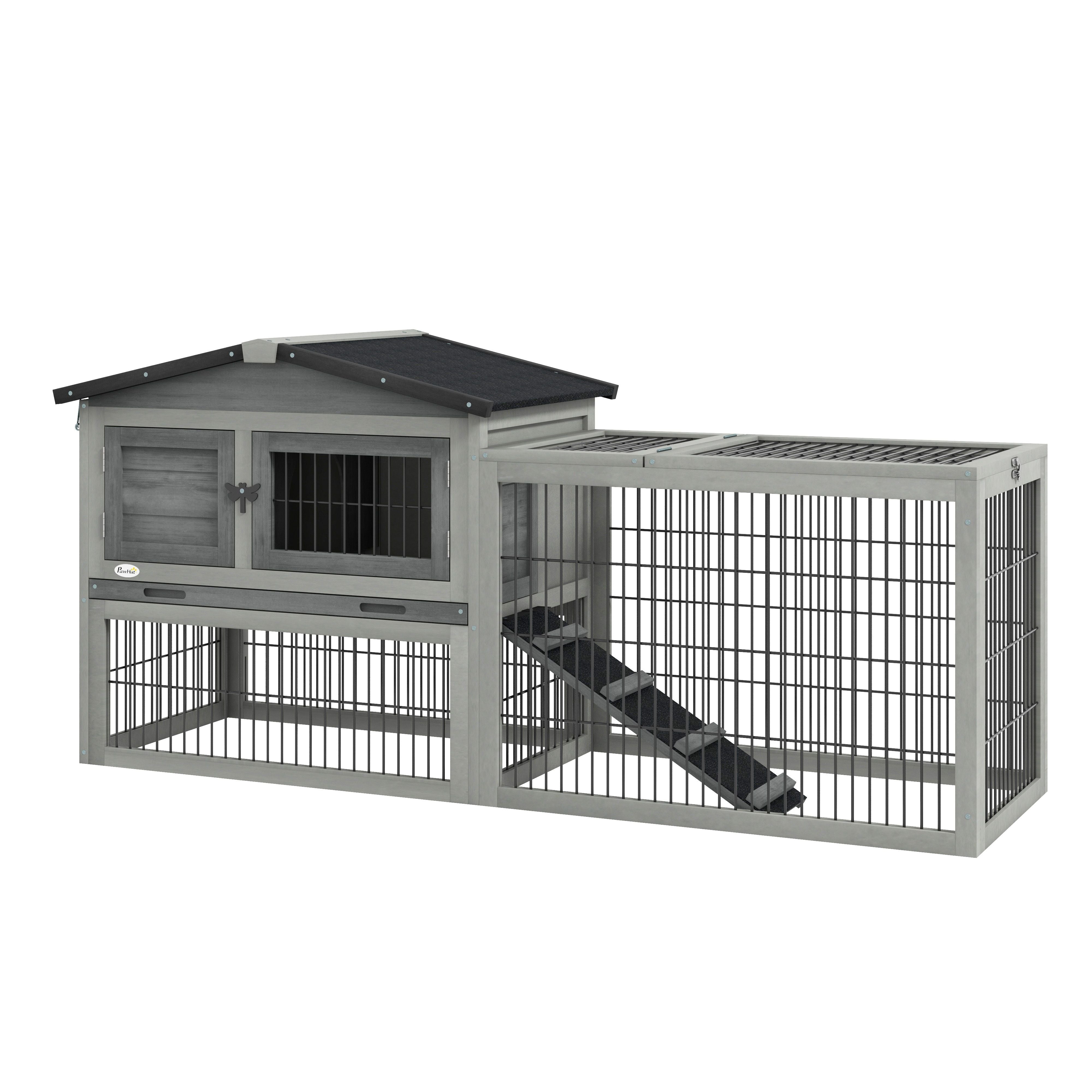 Wood Rabbit Hutch w/ Ramp, Openable Roof, Pull-out Tray, Light Grey Rabbit Hutch at Gallery Canada