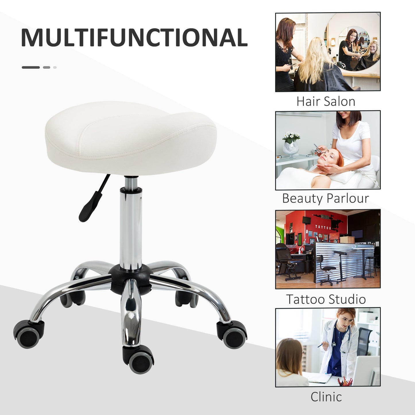 Saddle Stool, Height Adjustable Rolling Salon Chair with PU Leather for Massage, Spa, Clinic, Beauty and Tattoo, White Salon Stools   at Gallery Canada