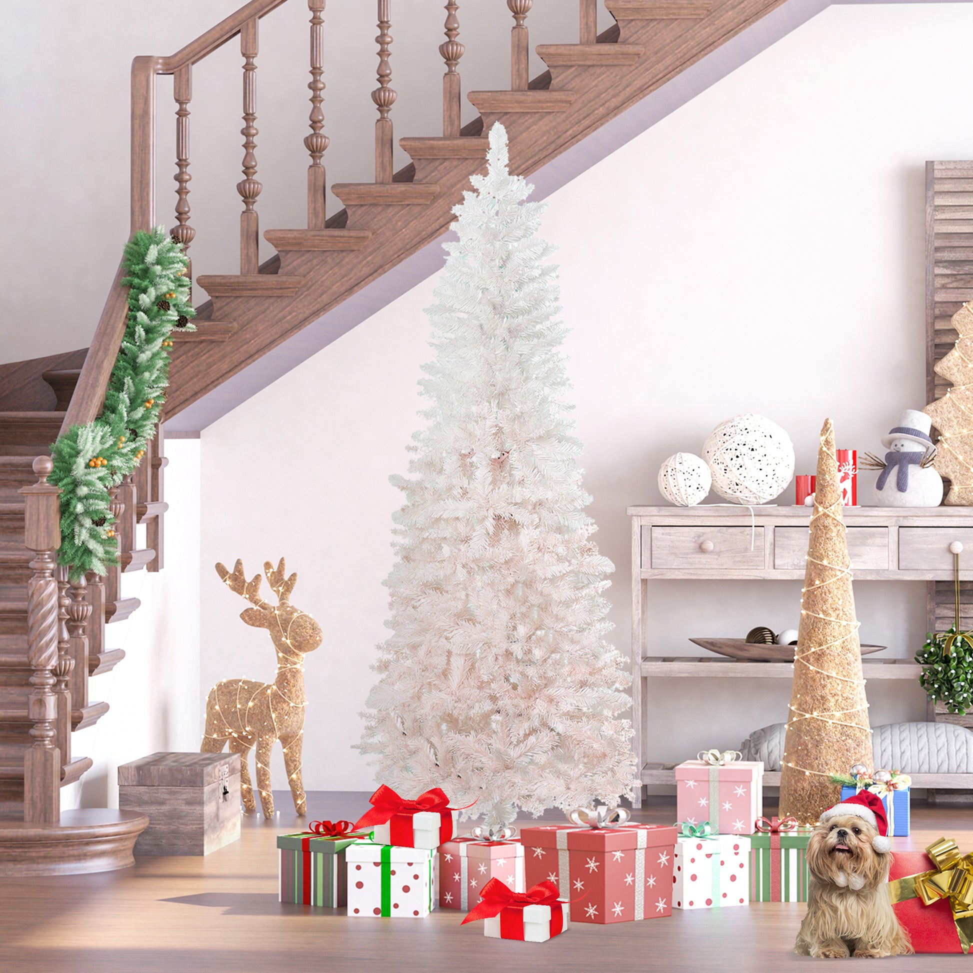 5ft Pencil Artificial Christmas Tree with Pine Realistic Branches, Auto Open, Pink and White Pencil Christmas Trees   at Gallery Canada