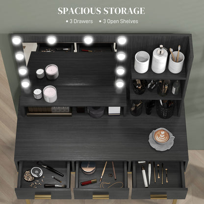 Illuminated Dressing Table, LED Vanity Table with Mirror, 3 Drawers and Storage Shelves for Bedroom, Black Dressing & Vanity Tables   at Gallery Canada