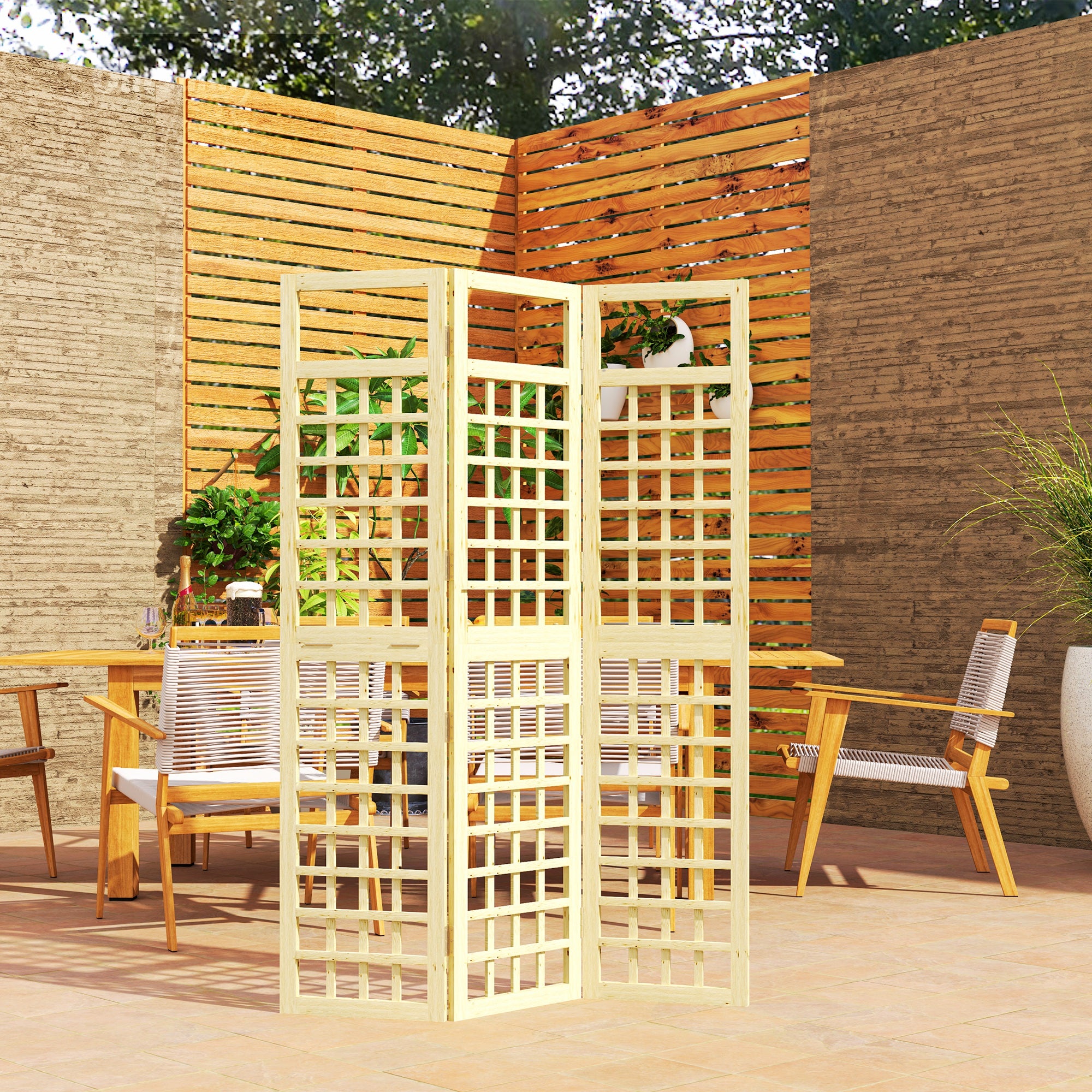 3 Panel Outdoor Wood Privacy Screen, Folding Room Divider/Trellis for Home, Patio, 47.2