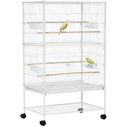 52" Large Rolling Steel Bird Cage Bird House with Rolling Stand, Storage Shelf, Wood Perch, Food Container, White Bird Cages White  at Gallery Canada