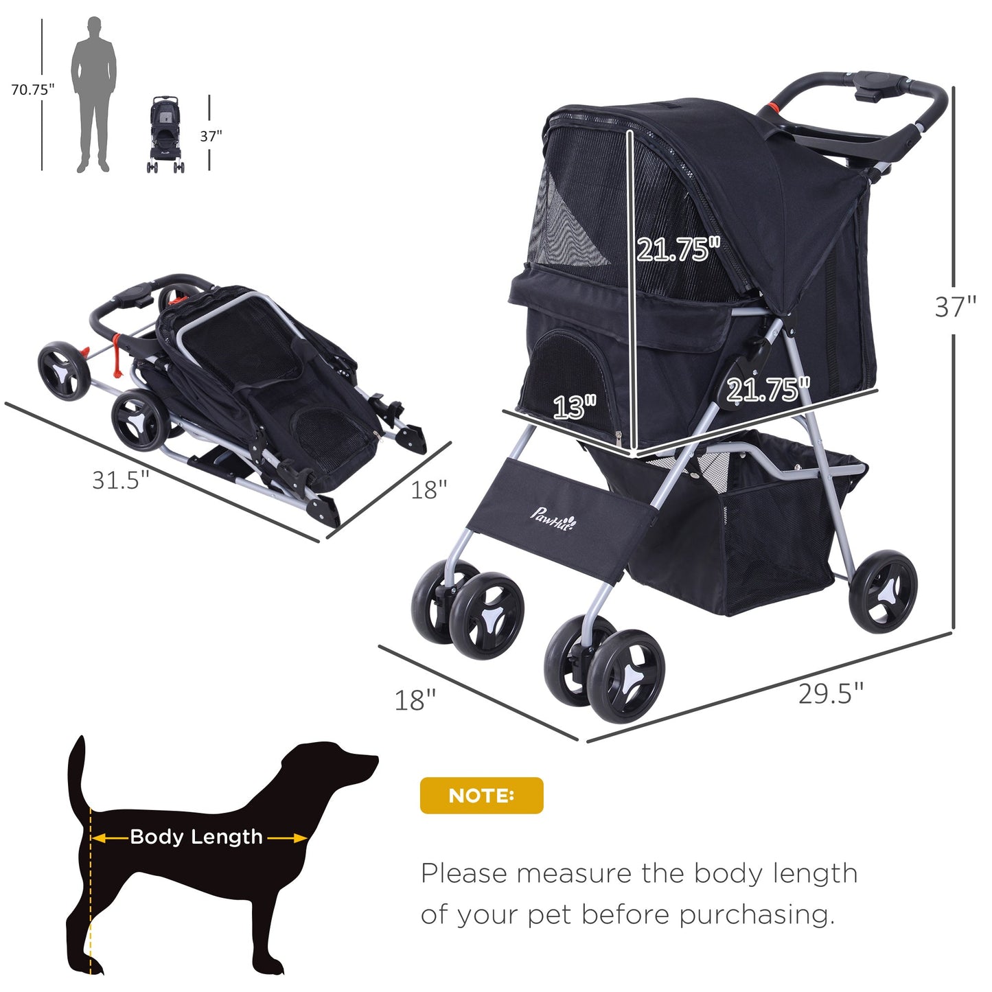 Foldable Pet Stroller with 4 Wheels, Cup Holder, Storage Basket, Black Dog Bike Trailers & Strollers   at Gallery Canada