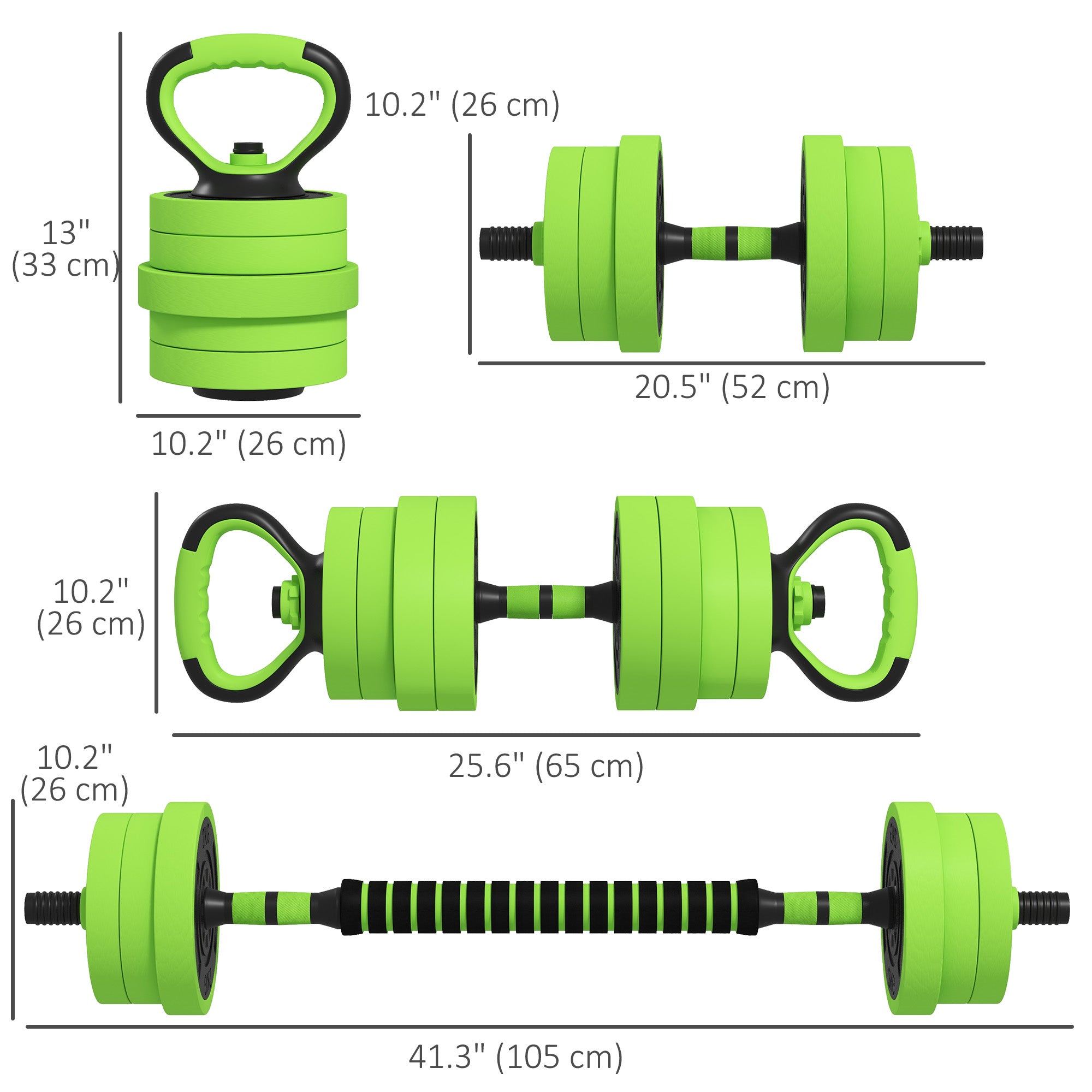 88lbs 4-in-1 Adjustable Weight Dumbbell Set, Barbell, Kettlebell, Push Up Stand, Green Dumbbells & Barbells at Gallery Canada