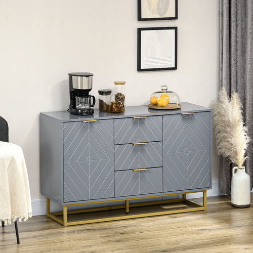 Sideboard Storage Cabinet with 3 Drawers, Adjustable Shelves and Doors, Kitchen Buffet Cabinet for Dining Room, Grey