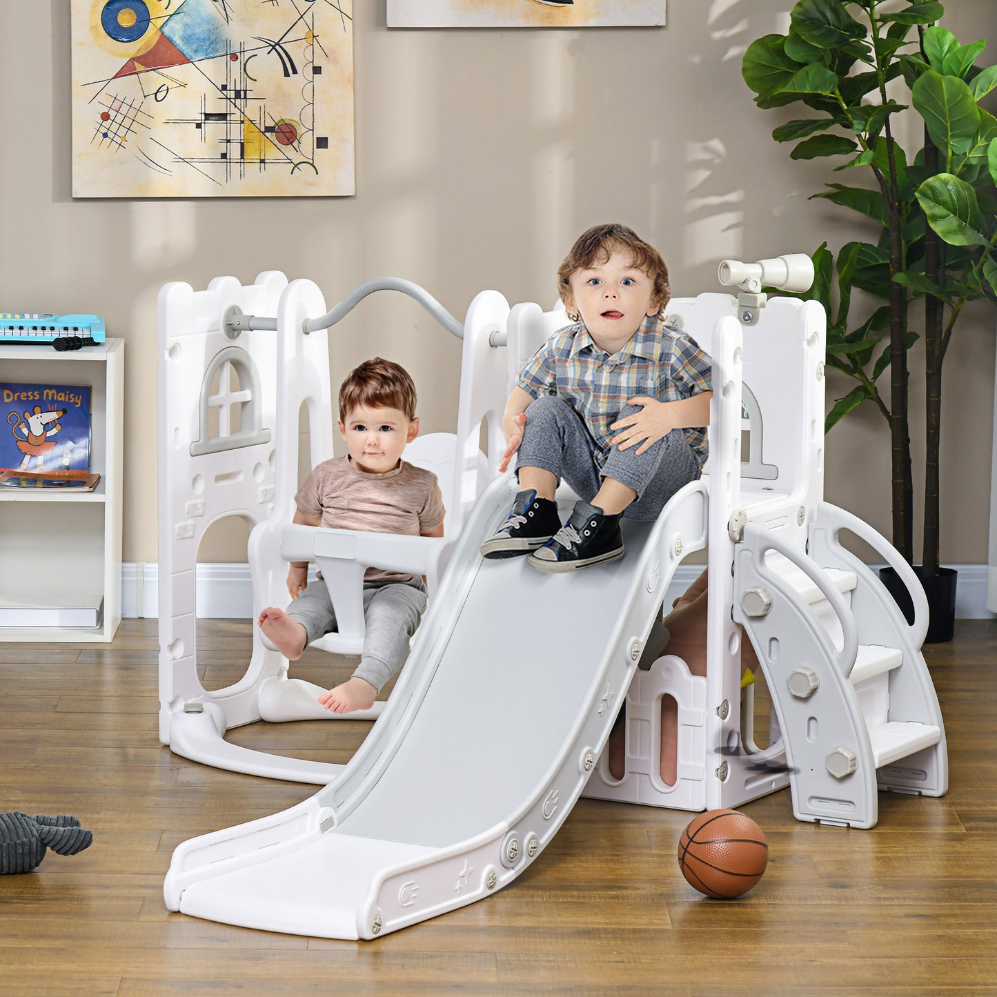 6-in-1 Slide and Swing Set Baby Swing Playset Indoor with Basketball Hoop, Climber, Storage Space, Telescope, Grey Gym Sets & Swings Multi Colour  at Gallery Canada