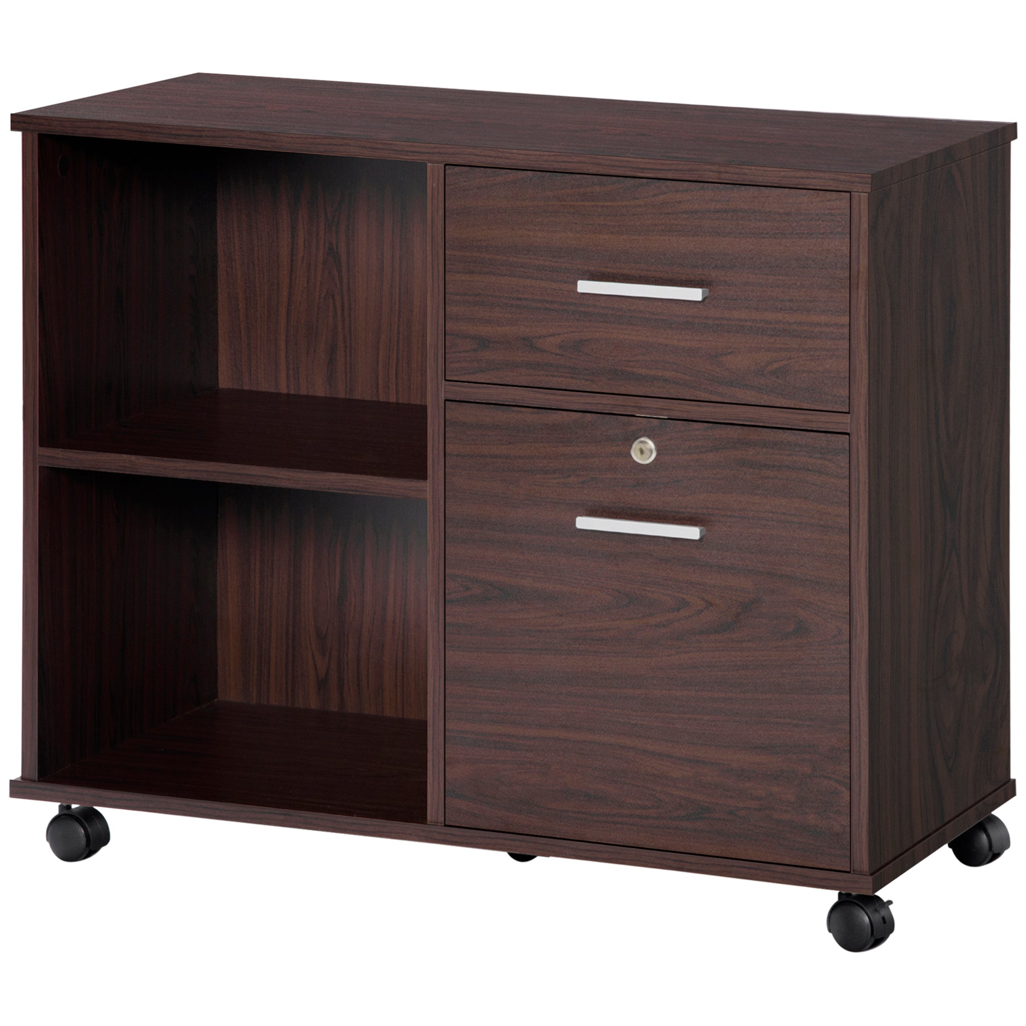 Lateral Filing Cabinet with Wheels, Locking File Cabinet, Mobile Printer Stand with Open Shelves and Drawers for A4 Size Documents, Walnut Office Cabinets & Cupboards at Gallery Canada