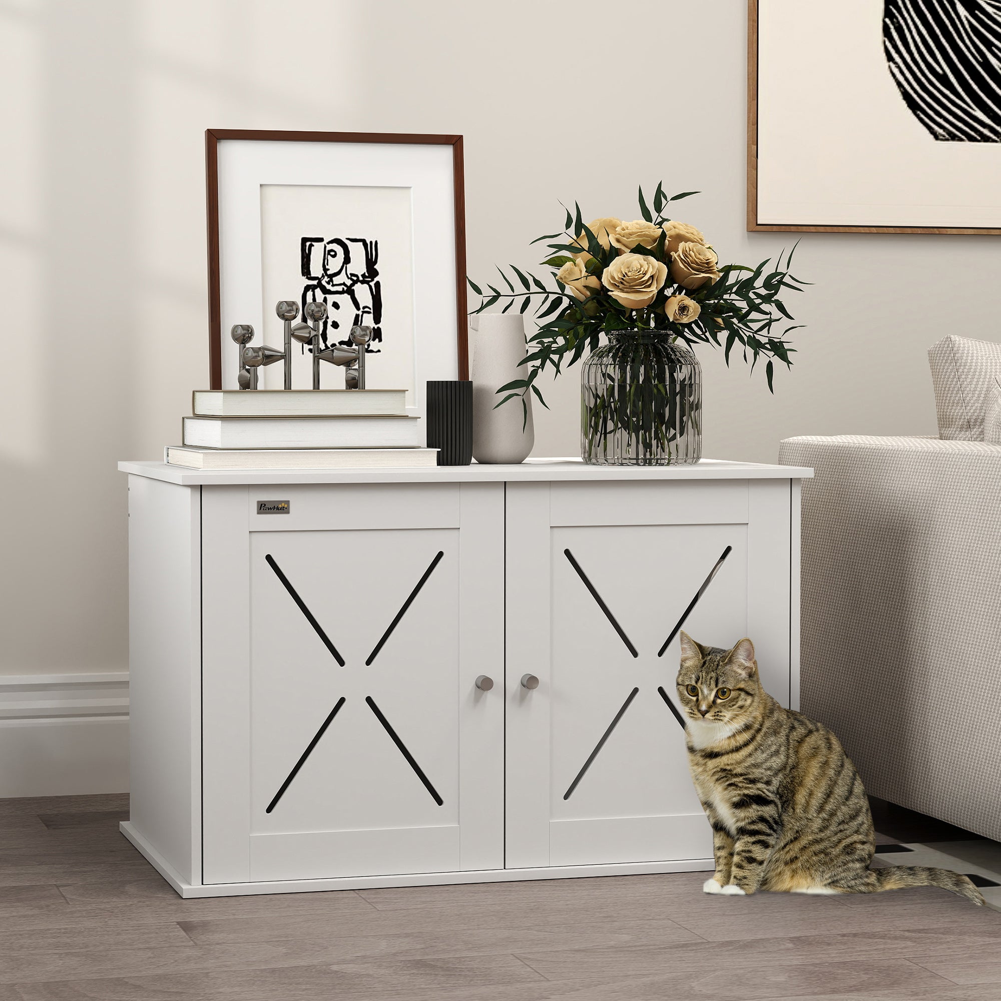Hidden Cat Litter Box Enclosure with Double Doors, Hole, Pet House Side End Table, 31.5