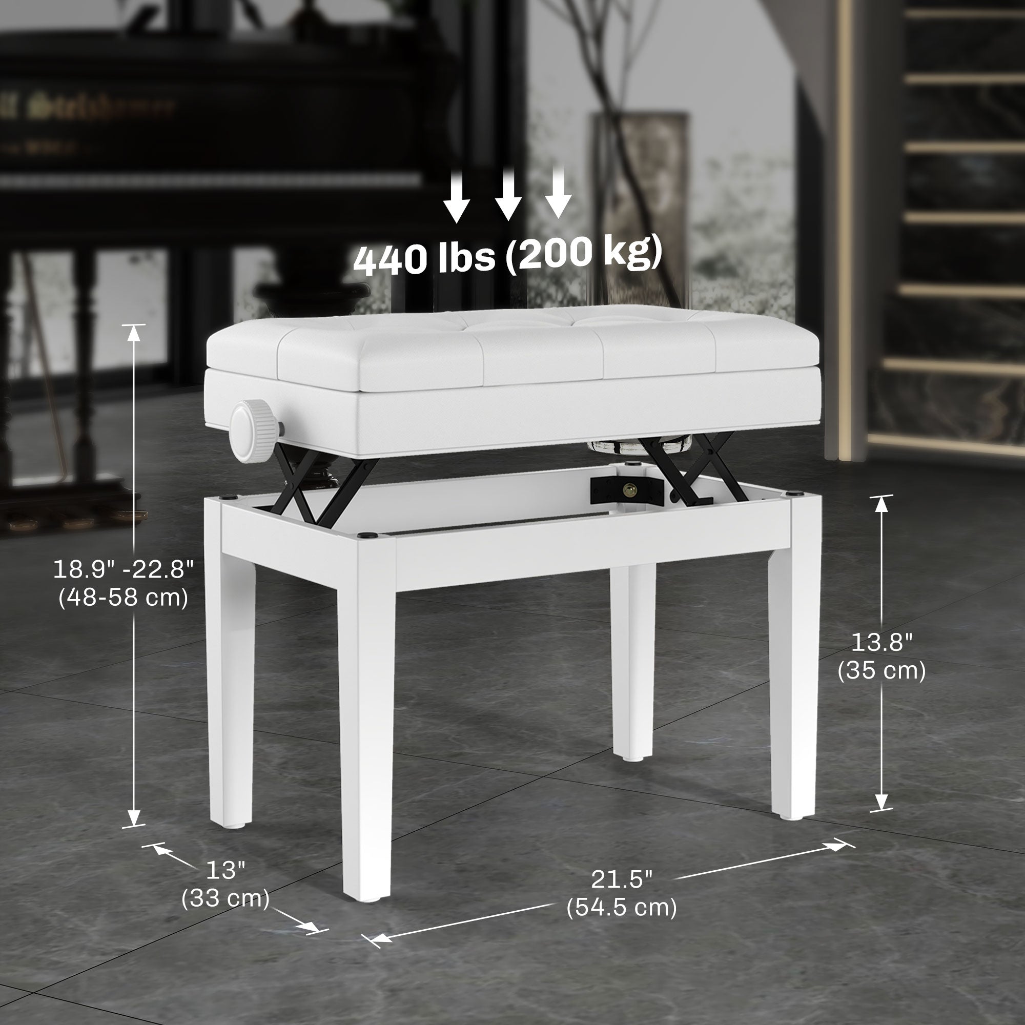 Adjustable Piano Bench with Storage and Soft PU Leather Padded, with Enough Music Storage Design, White Piano Benches at Gallery Canada