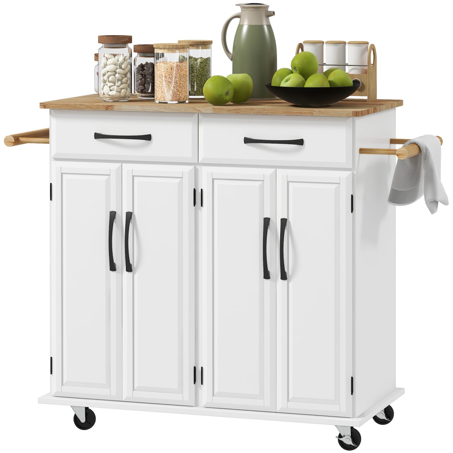 Kitchen Island on Wheels with Rubberwood Top, Rolling Kitchen Cart with 2 Drawers, 4 Doors and Adjustable Shelves Kitchen Islands & Kitchen Carts Multi Colour  at Gallery Canada