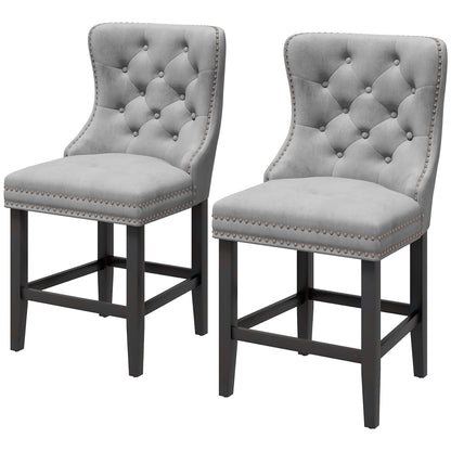 Upholstered Fabric Bar Stool Set of 2, Button Tufted 25.6" Seat Height Counter Chairs with Back &; Wood Legs, Grey Bar Stools   at Gallery Canada