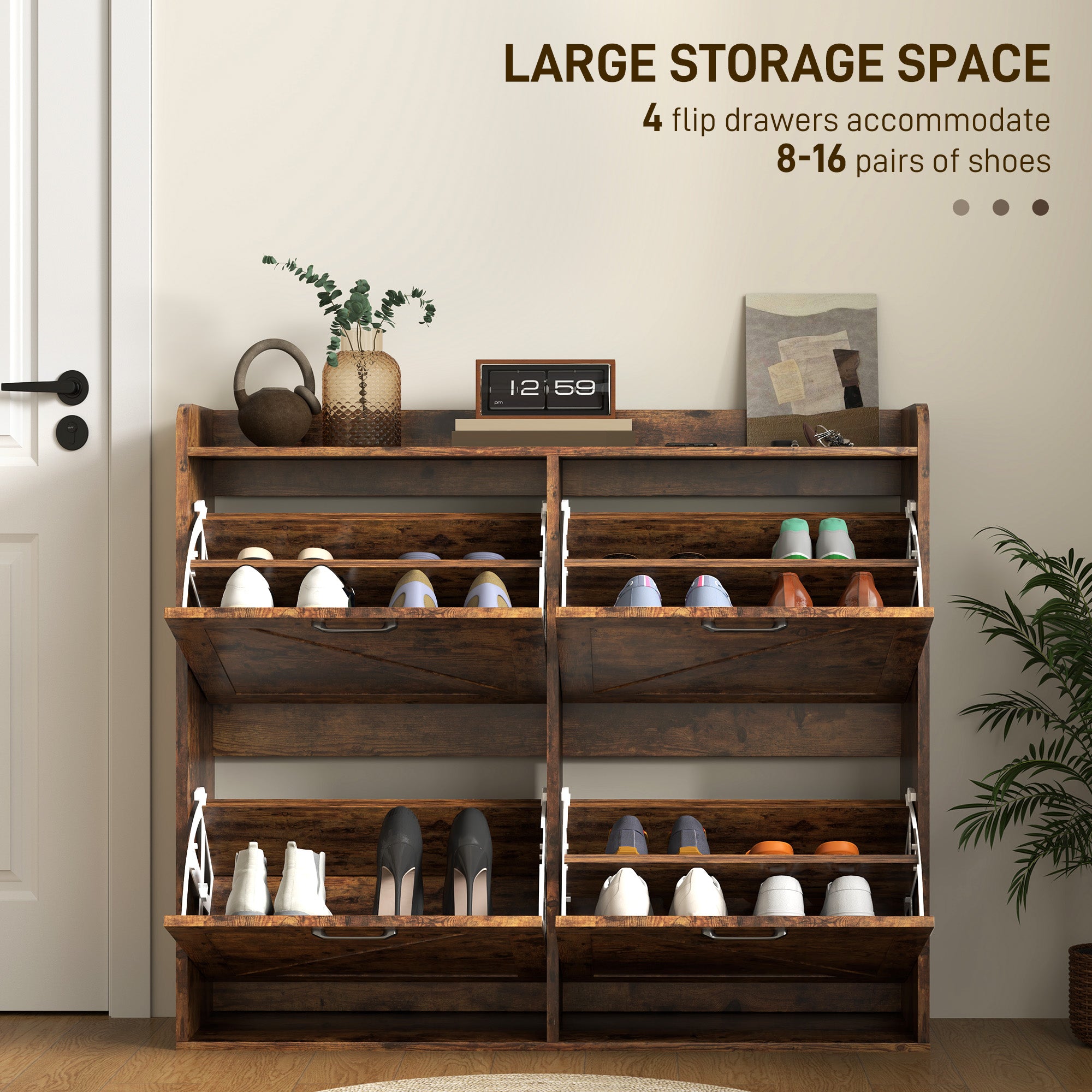 Narrow Shoe Storage Cabinet with 4 Flip Drawers, Adjustable Shelves, 16 Pair Farmhouse Shoe Cabinet, Rustic Brown Shoe Storage Cabinets & Racks at Gallery Canada