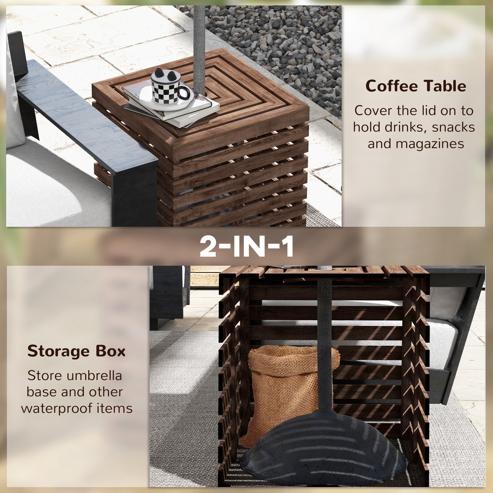 2-in-1 Outdoor Umbrella Base Storage Box Wooden Patio Side Table, Brown Patio Storage Boxes at Gallery Canada