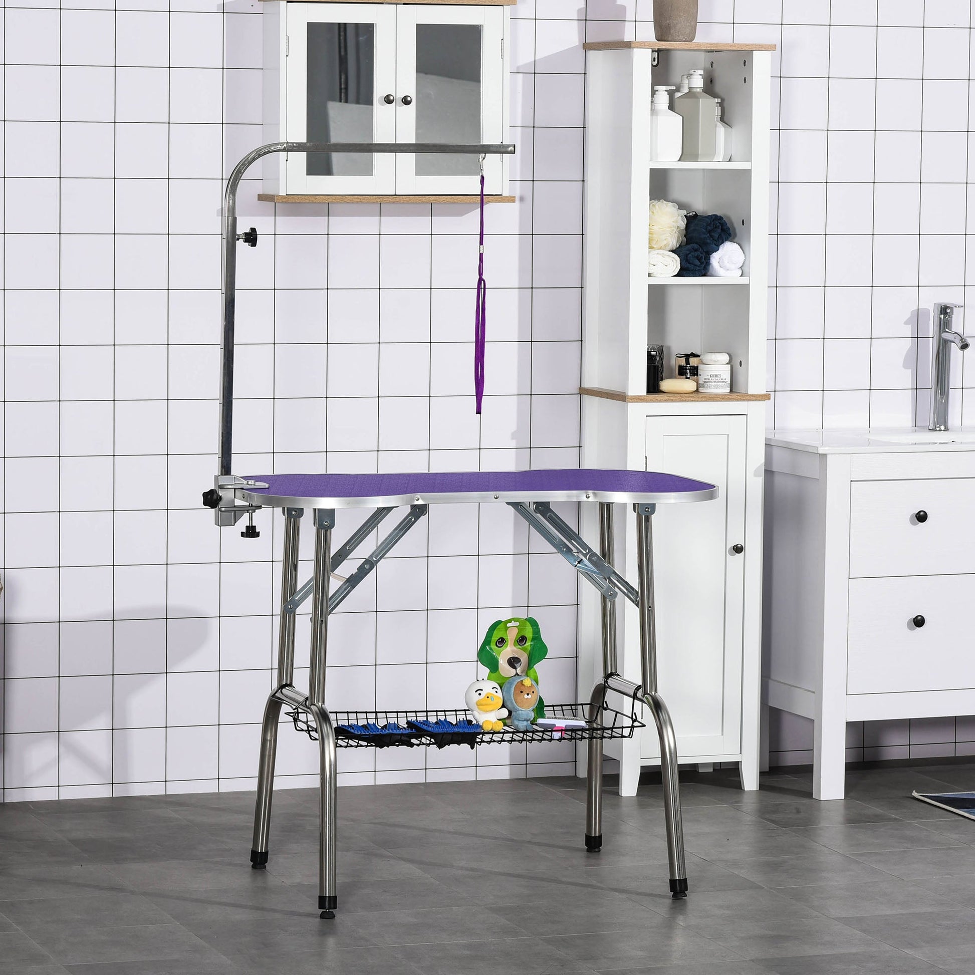 Foldable 37" Pet Grooming Table with Adjustable Arm and Non-Slip Top, Purple Dog Grooming Tables   at Gallery Canada