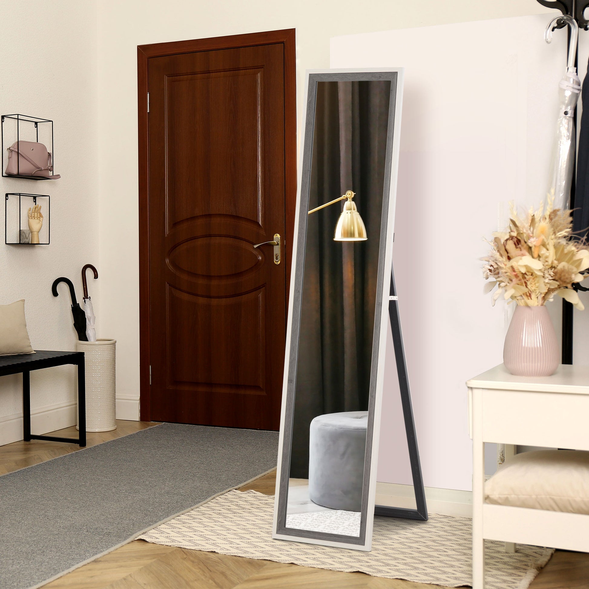 Floor Standing Mirror, Full Length Mirror, Free Standing, Leaning or Wall Mirror with Frame for Bedroom, Grey Wood Grain Full Length Mirrors   at Gallery Canada