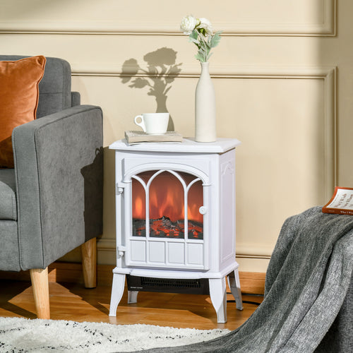 Electric Fireplace Stove, Freestanding Fireplace Heater with Realistic Flame, Adjustable brightness, Overheating Safety System, White