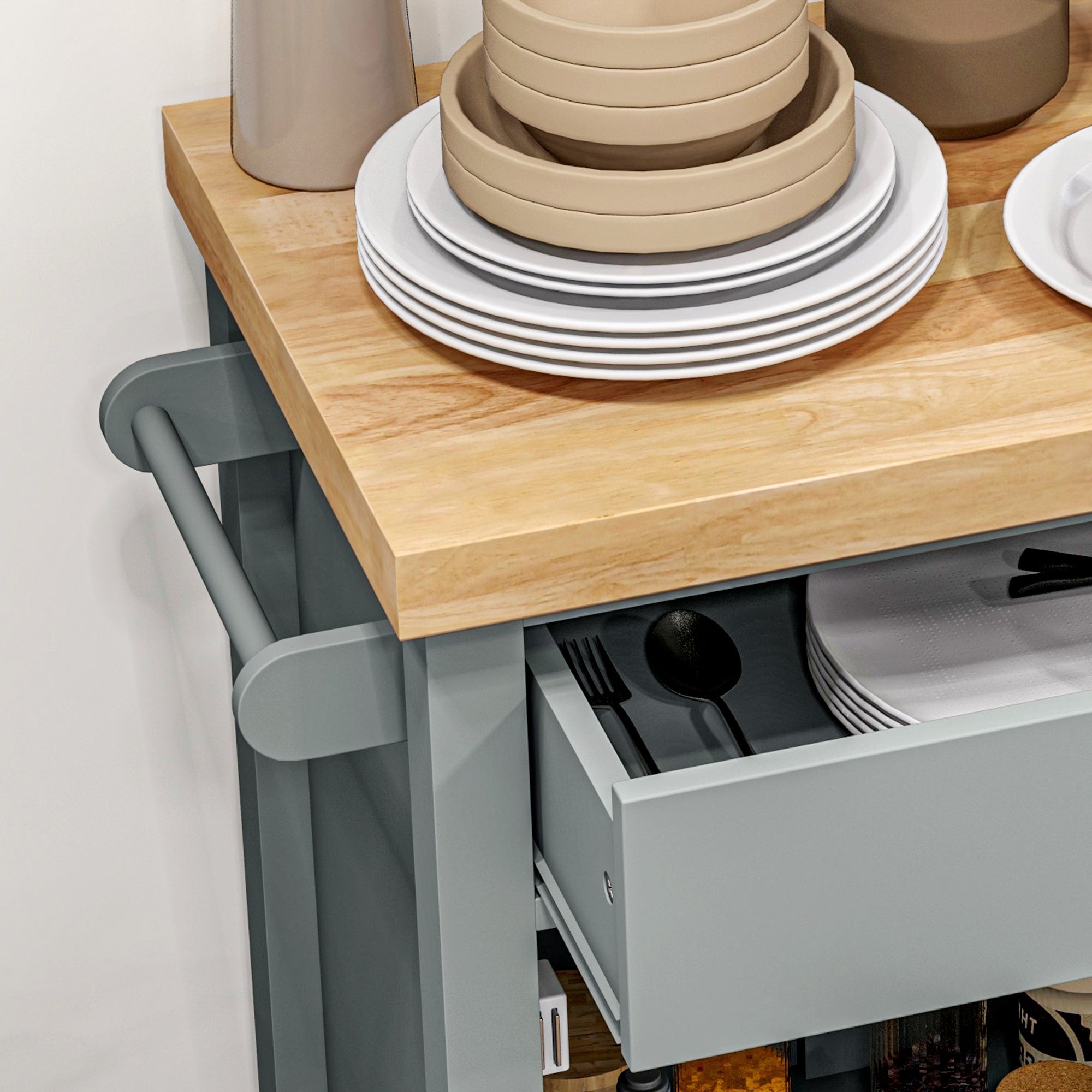 Kitchen Cart on Wheels, Rolling Kitchen Island Cart with Wood Top, Towel Rack, Drawer and Shelf for Dining Area, Grey Kitchen Islands & Kitchen Carts at Gallery Canada