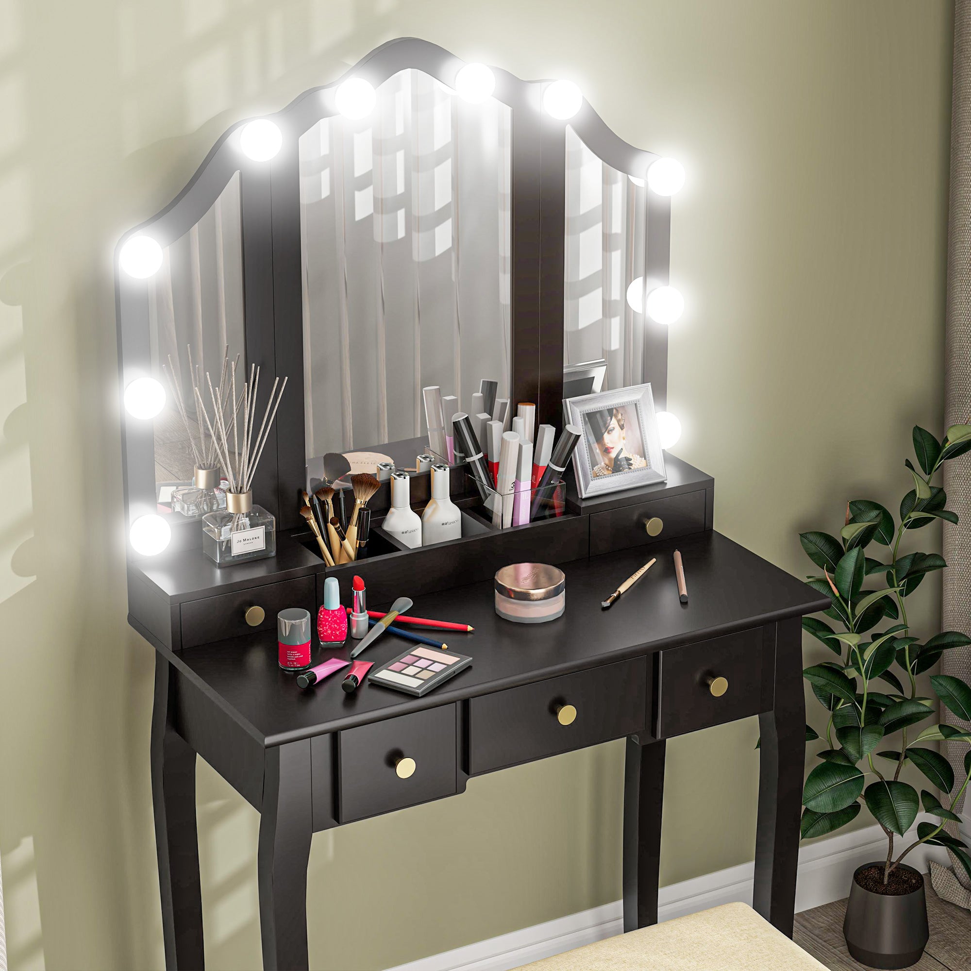 Makeup Vanity Desk with Mirror and Stool, Vanity Set with 10 LED Lights, 5 Drawers and 3 Compartments, Black Dressing & Vanity Tables at Gallery Canada