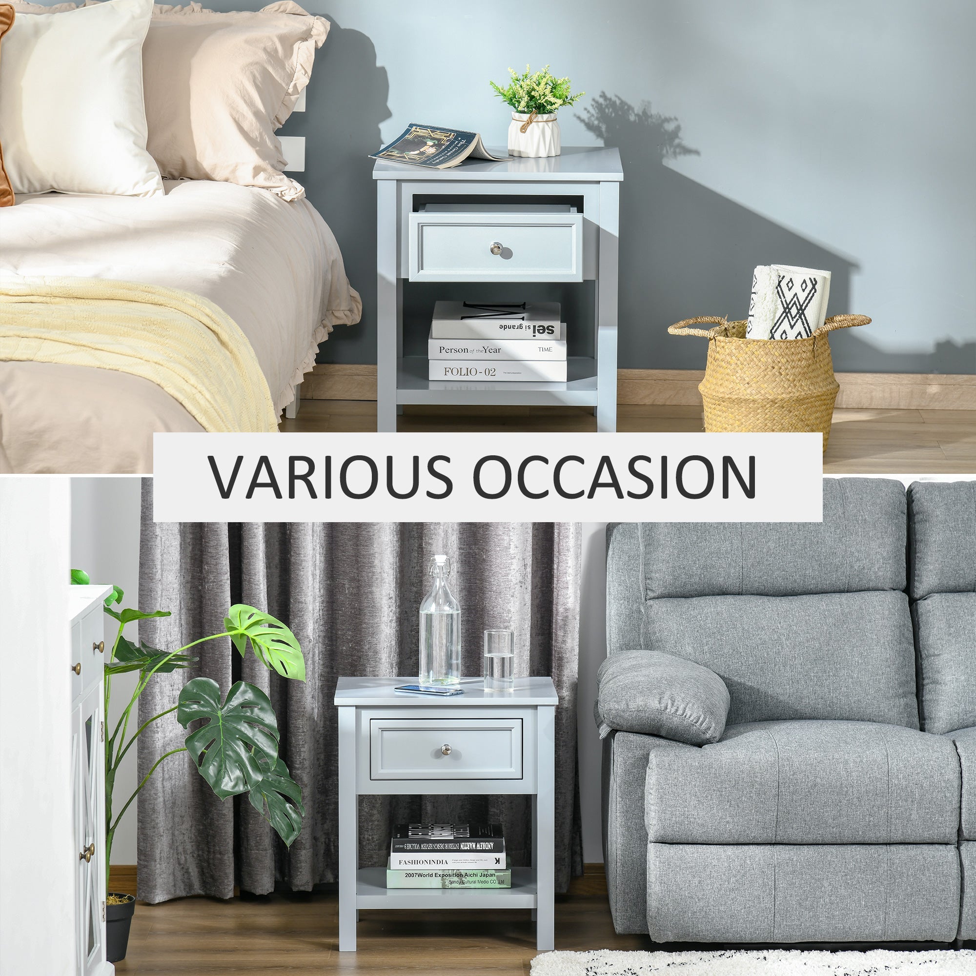 Accent End Table Nightstand with Grey Tabletop, Storage Drawer, and Bottom Shelf, Grey Side Tables   at Gallery Canada