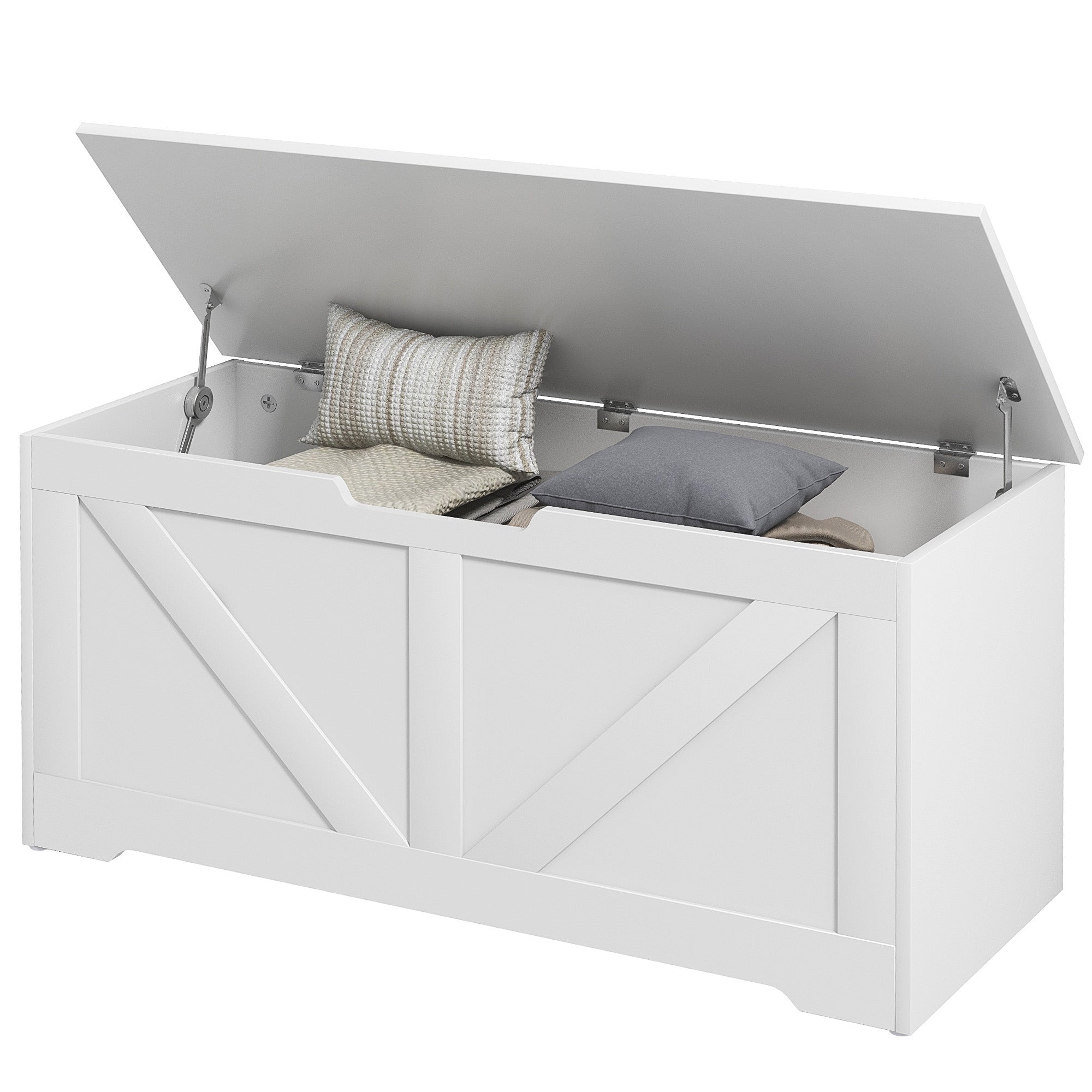 39.4 Inches Storage Chest, Storage Trunk with 2 Safety Hinges, Wooden Box for Living Room, White Wood Grain Storage Cabinets White Wood Grain at Gallery Canada