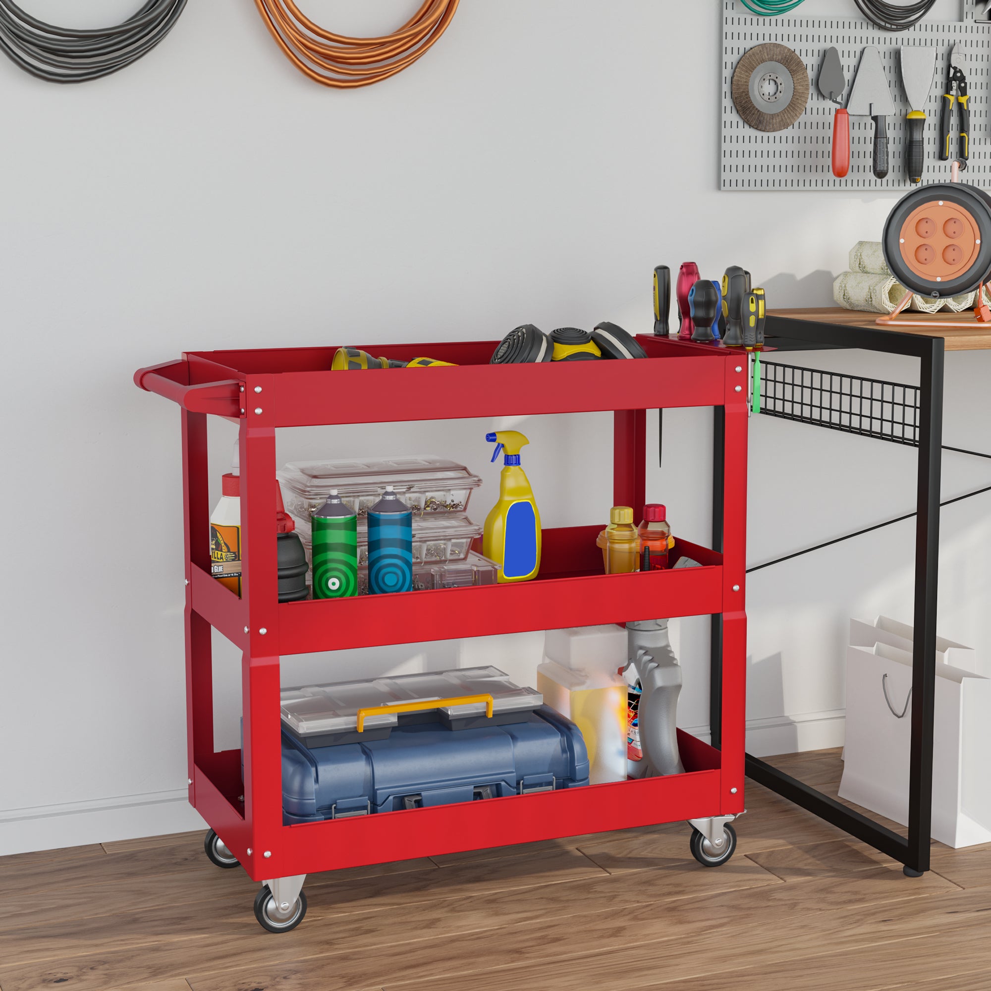 3 Tier Rolling Tool Cart with Wheels, 330 LBS Capacity Heavy Duty Utility Cart, Mobile Service Cart for Garage, Red Tool Organizers at Gallery Canada