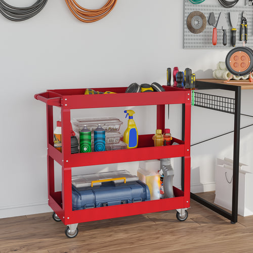 3 Tier Rolling Tool Cart with Wheels, 330 LBS Capacity Heavy Duty Utility Cart, Mobile Service Cart for Garage, Red