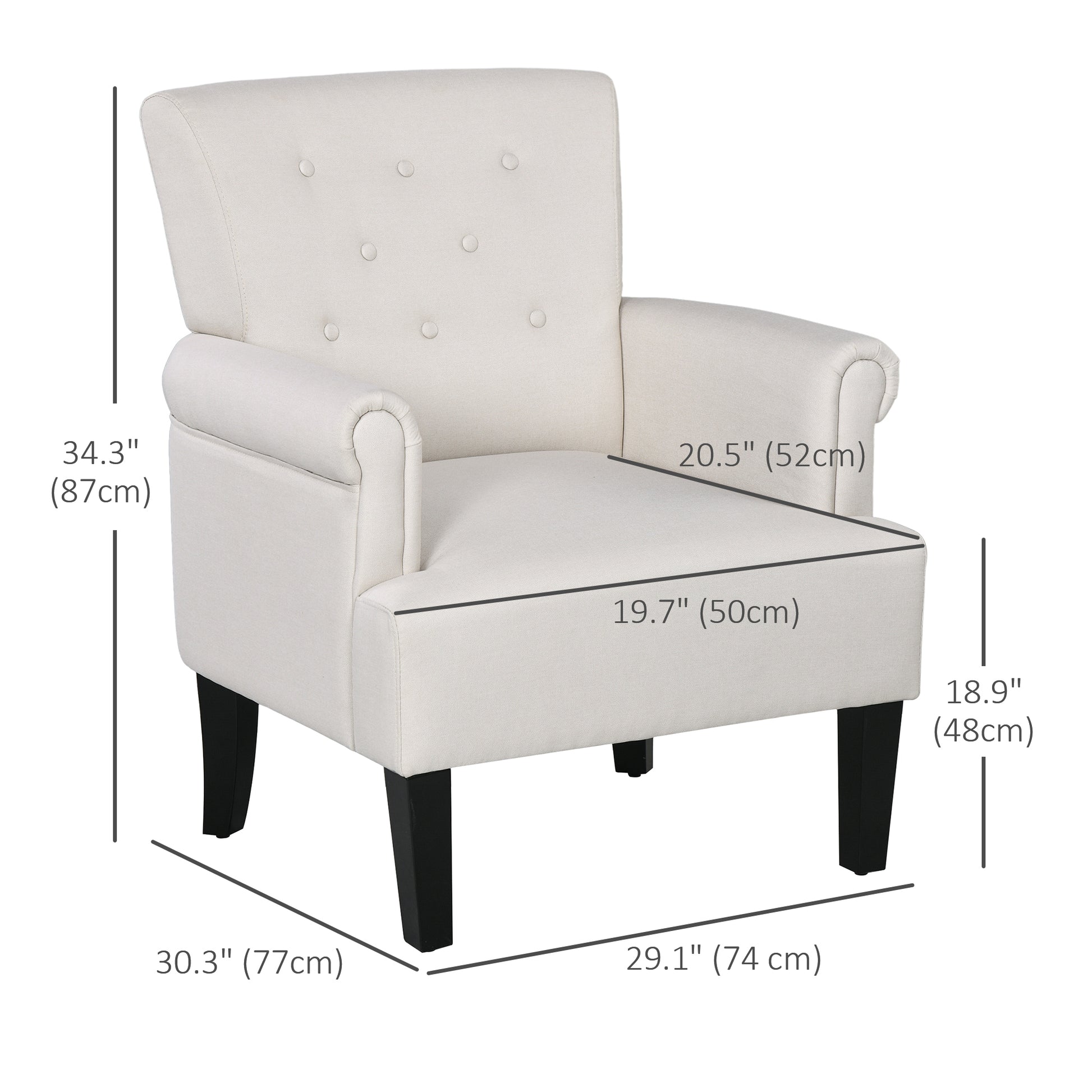 Armchair, Fabric Accent Chair, Modern Living Room Chair with Wood Legs and Rolled Arms for Bedroom, Cream White Accent Chairs   at Gallery Canada