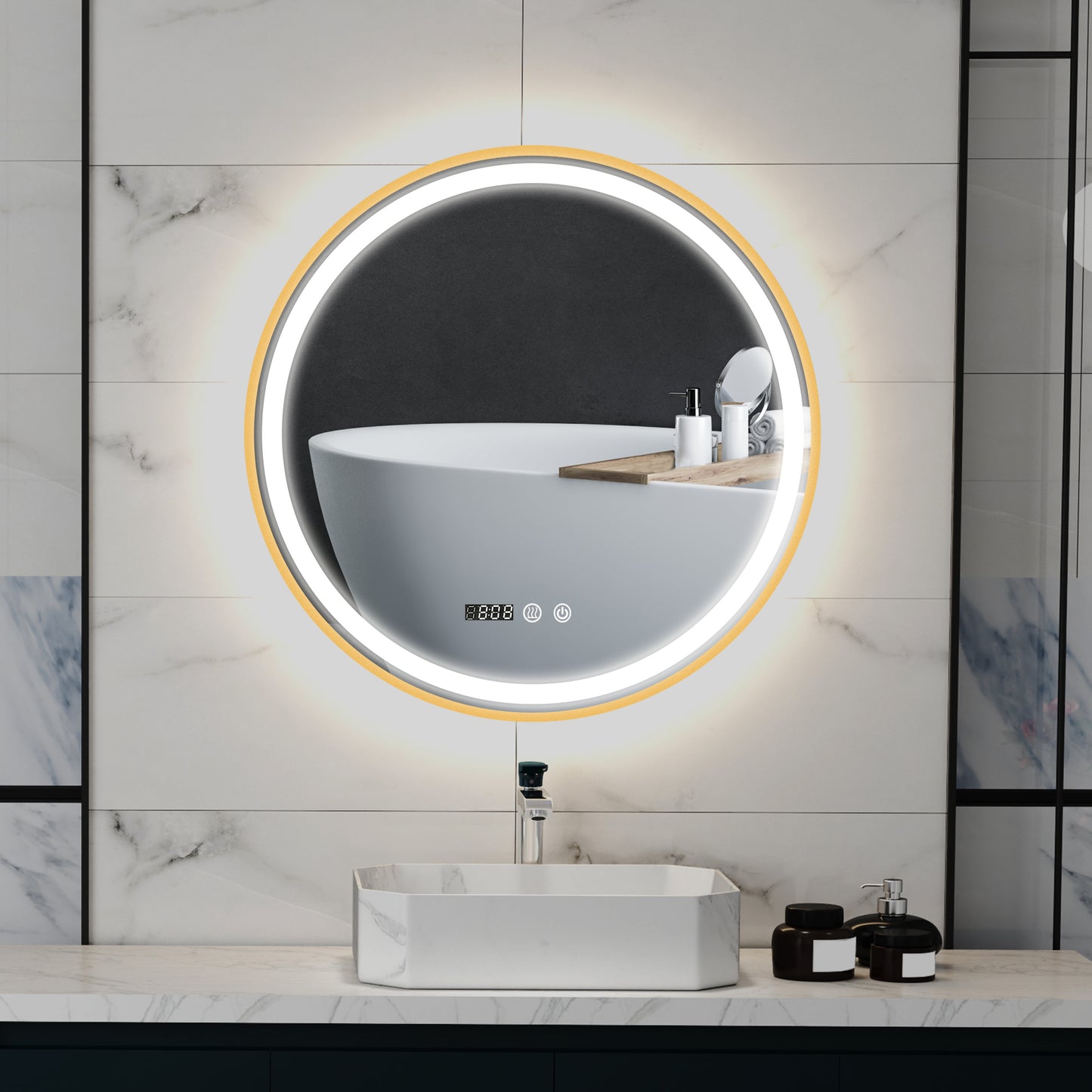 28" Round Bathroom Mirror with LED Lights, Wall Mounted Vanity Mirror with Anti-Fog Pad, Time and Temp Display, Gold Wall Mirrors Gold at Gallery Canada