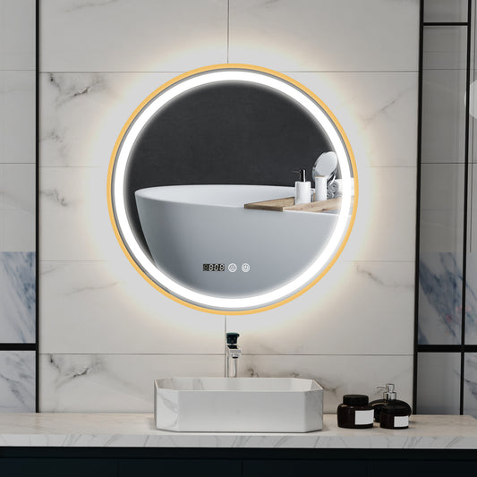 28" Round Bathroom Mirror with LED Lights, Wall Mounted Vanity Mirror with Anti-Fog Pad, Time and Temp Display, Gold Wall Mirrors at Gallery Canada