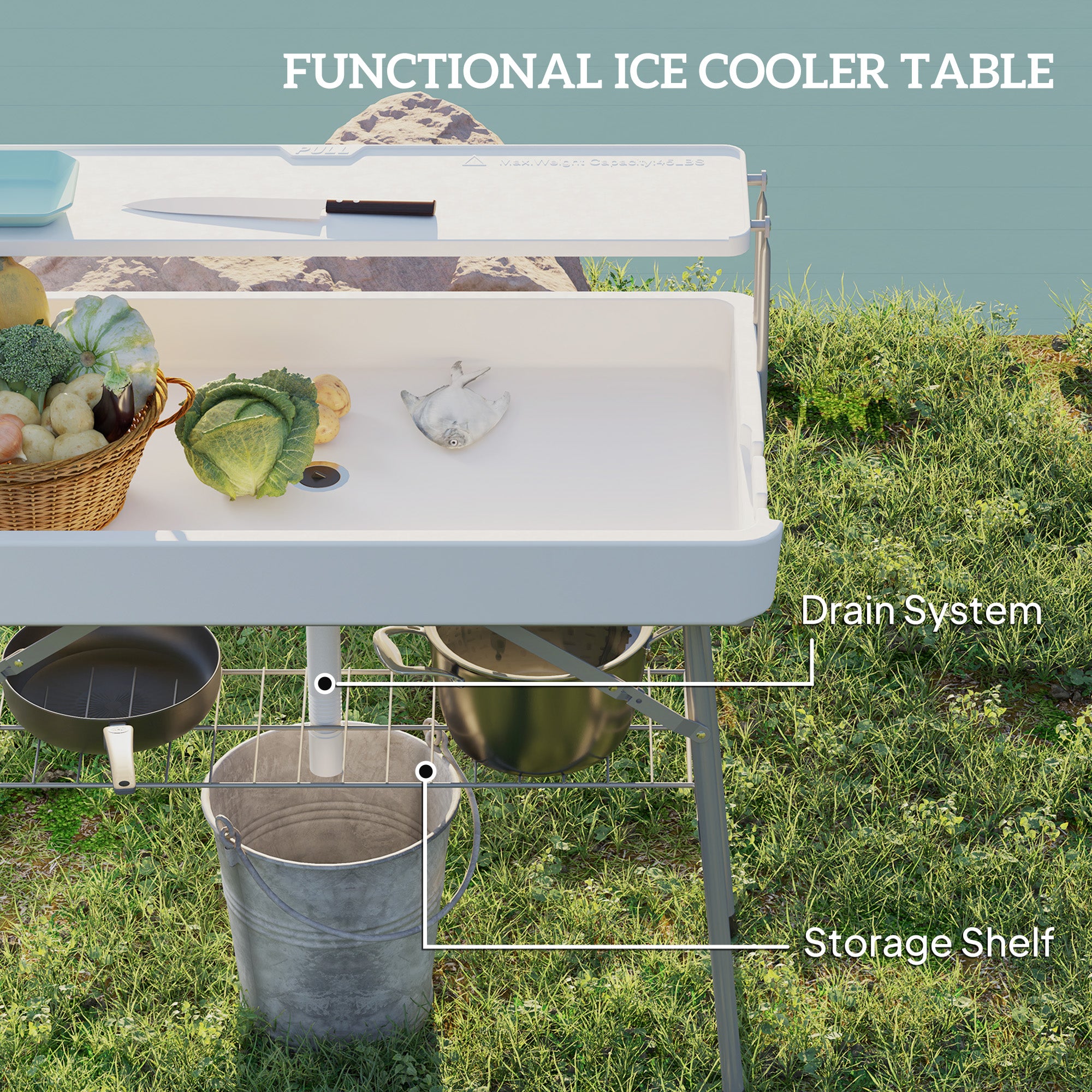 3.5ft Folding Ice Cooler Table with Drain, 2-Tier Outdoor Patio Party Cooler, Fishing Cleaning Table with Storage Shelf for Picnic BBQ Camping Wedding, White Picnic Tables & Camping Chairs at Gallery Canada