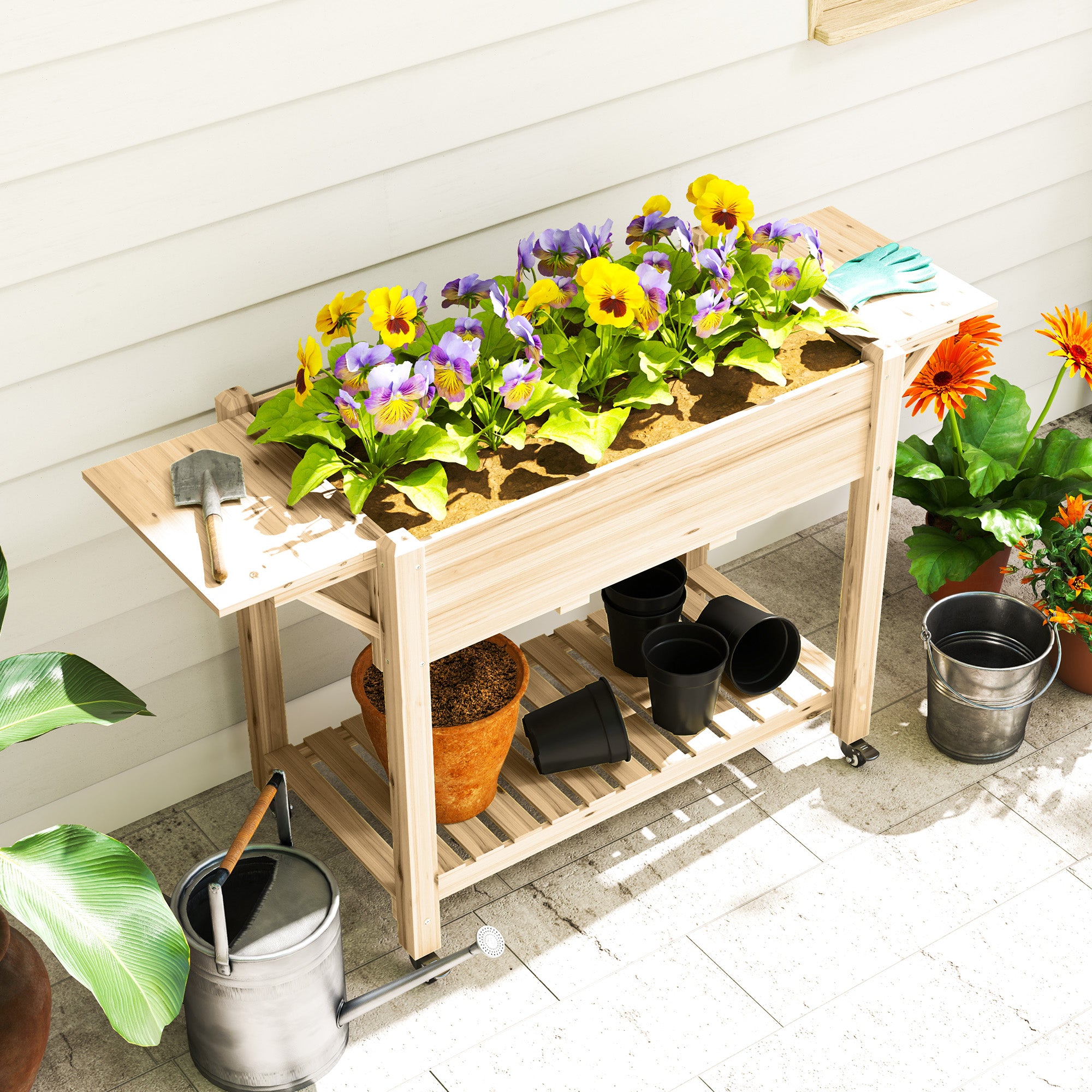 Raised Garden Bed, Wood Planter Box with Lockable Wheels, Side Tables, Bottom Shelf, Bed Liner, Drain Holes, Natural Raised Garden Beds at Gallery Canada