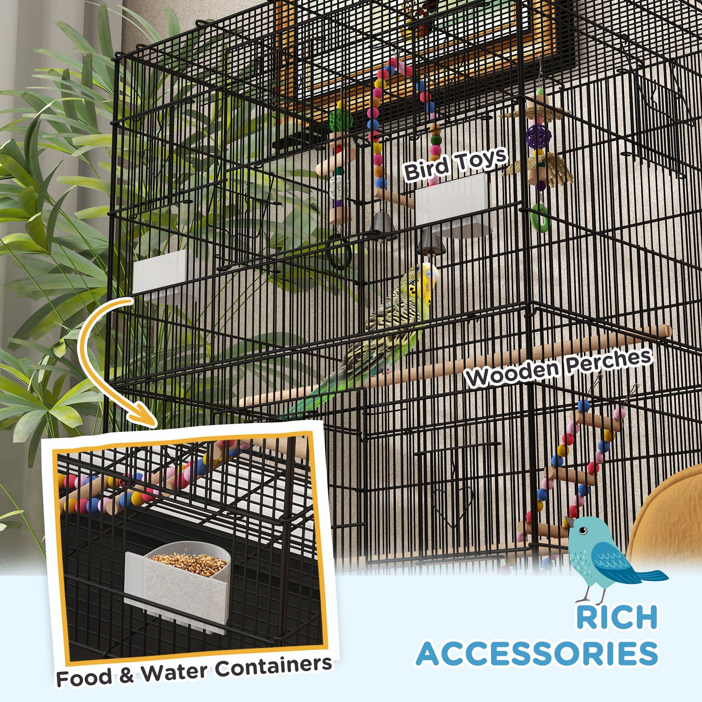 43" Bird Cage with Rolling Stand, Toys, for Budgies Canaries Black Bird Cages   at Gallery Canada