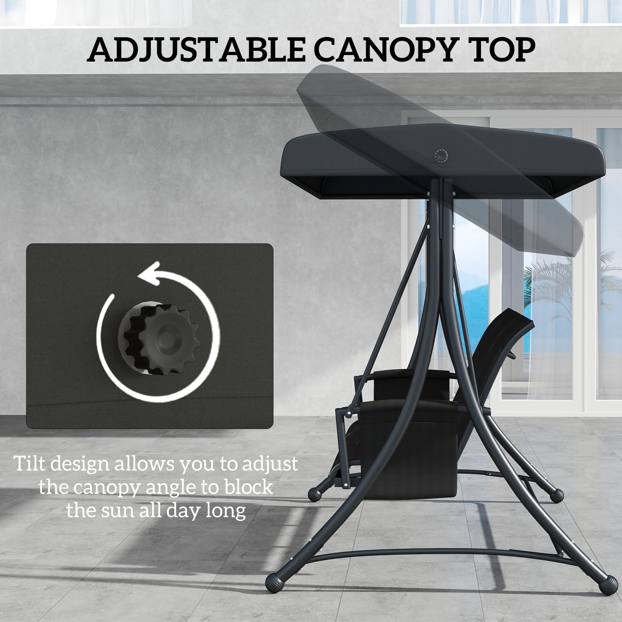 3 Person Outdoor Porch Swing Chair with Adjustable Canopy, Black Porch Swings with Canopy at Gallery Canada