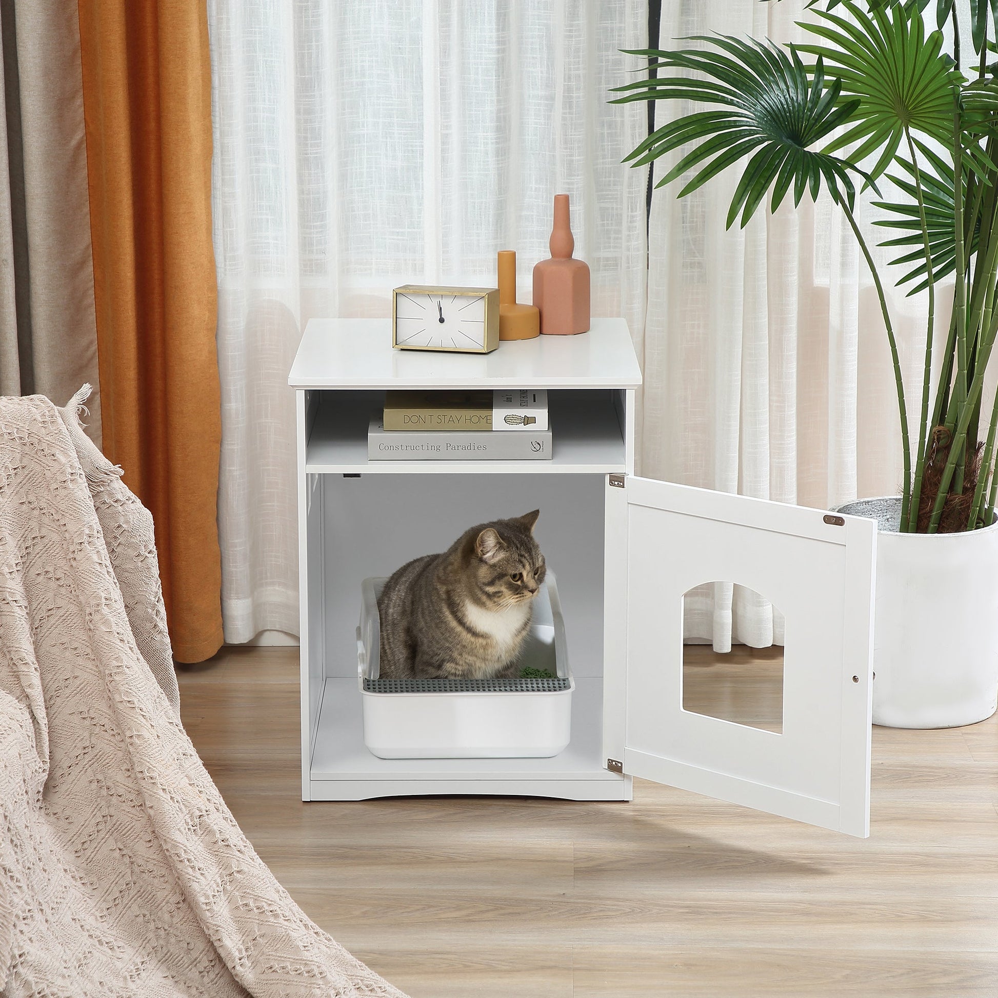 Cat Litter Box Enclosure Hidden Cabinet Cat Furniture Indoor Cat Washroom Nightstand End Table with Cat-sized Hole Wide Tabletop Storage Shelf White Cat Litter Box Enclosures   at Gallery Canada