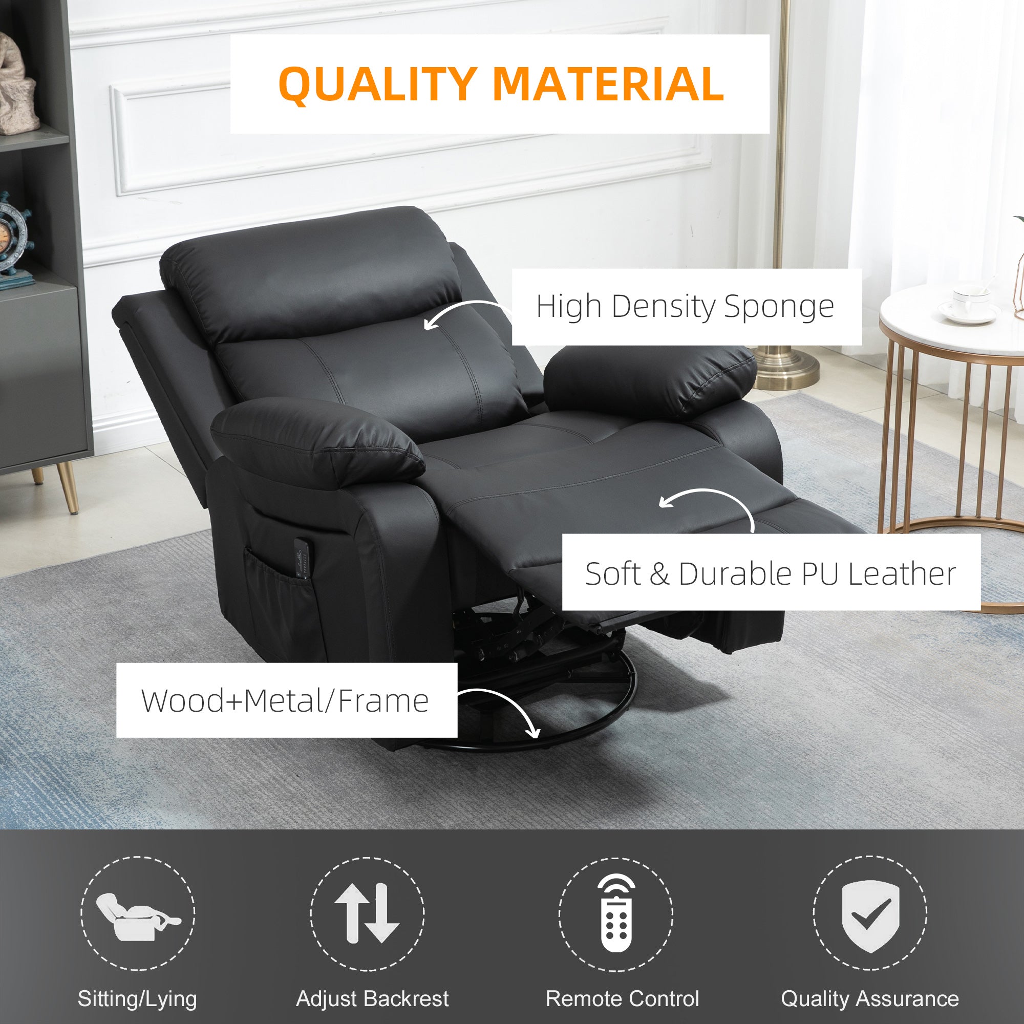 PU Leather Reclining Chair with Vibration Massage Recliner, Swivel Base, Rocking Function, Remote Control, Black Single Sofas   at Gallery Canada