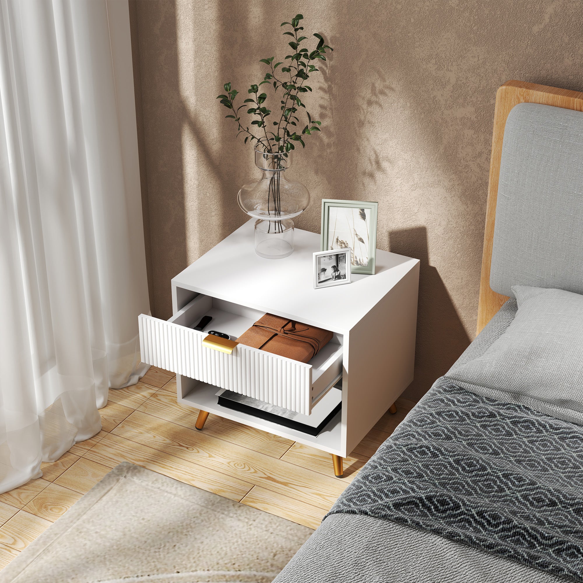 Nightstand with Fluted Panel, Bedside Table with Drawer and Open Compartment, Modern Night Table for Bedroom, White Bedside Tables at Gallery Canada