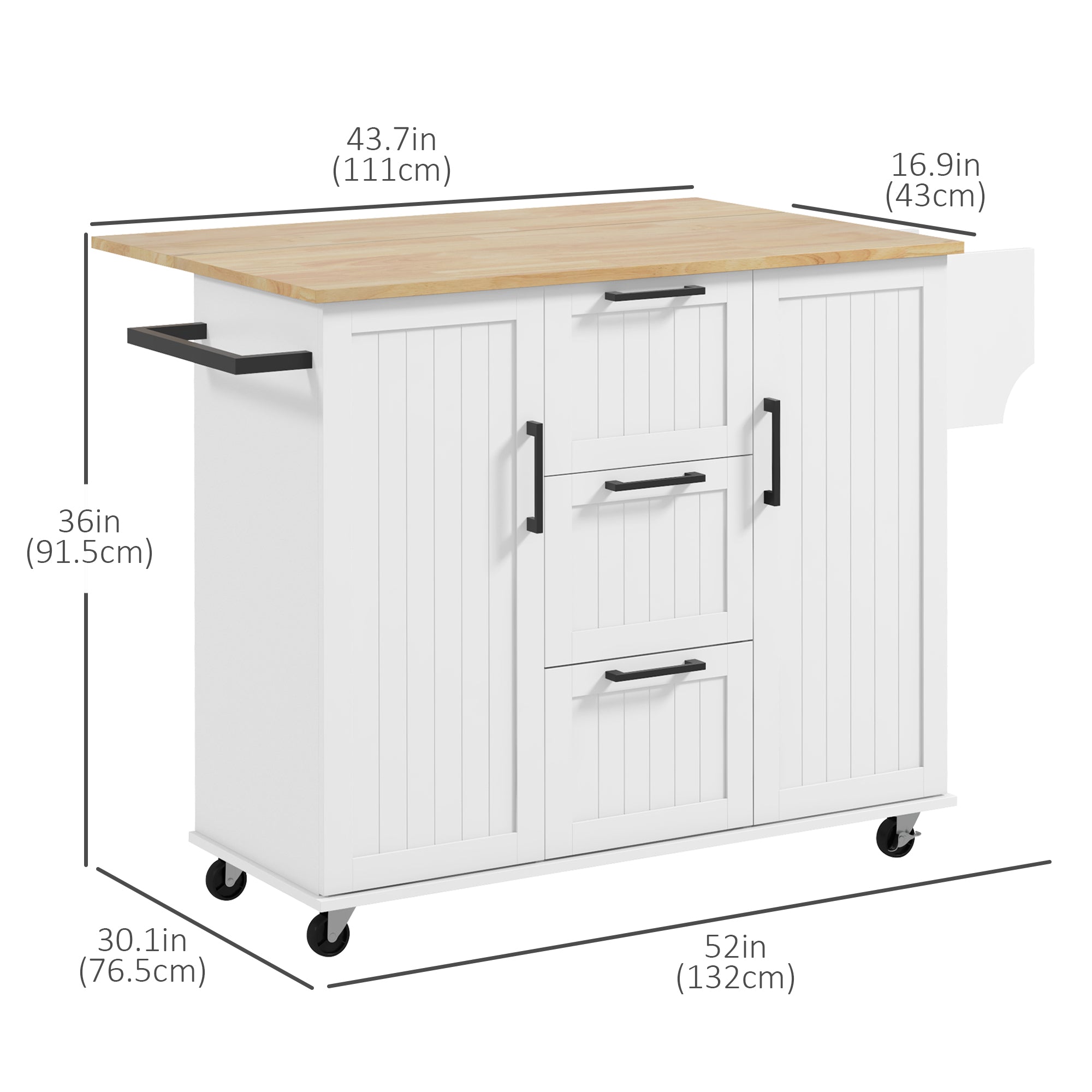 Rolling Kitchen Cart on Wheels with Drop Leaf, Kitchen Island with 3 Drawers, Solid Wood Top and Towel Rack, White Kitchen Islands & Kitchen Carts at Gallery Canada