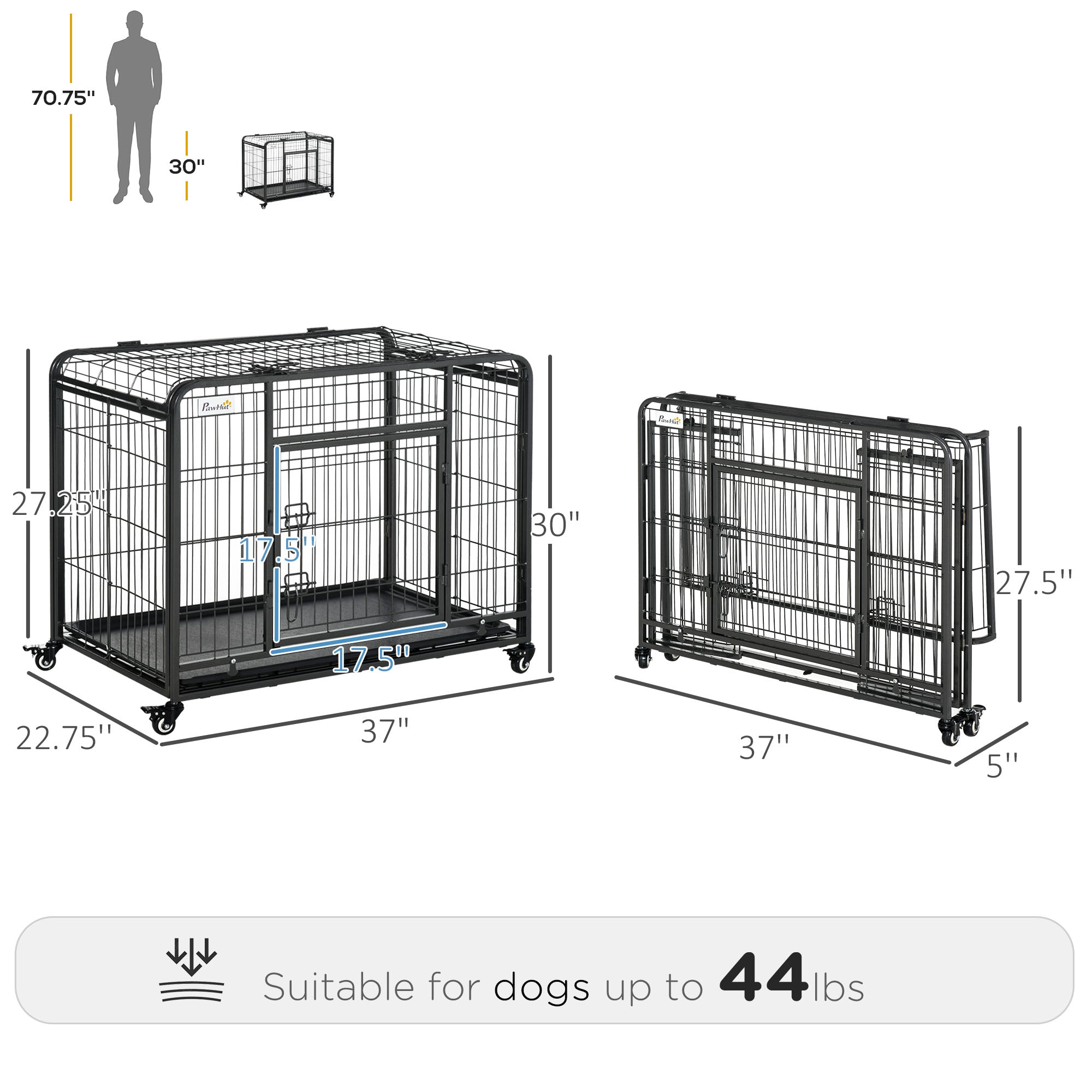 Folding Heavy Duty Dog Crate Heavy Duty Cage for Medium Sized Dogs with Double Doors, Lockable Wheels Tray, 37