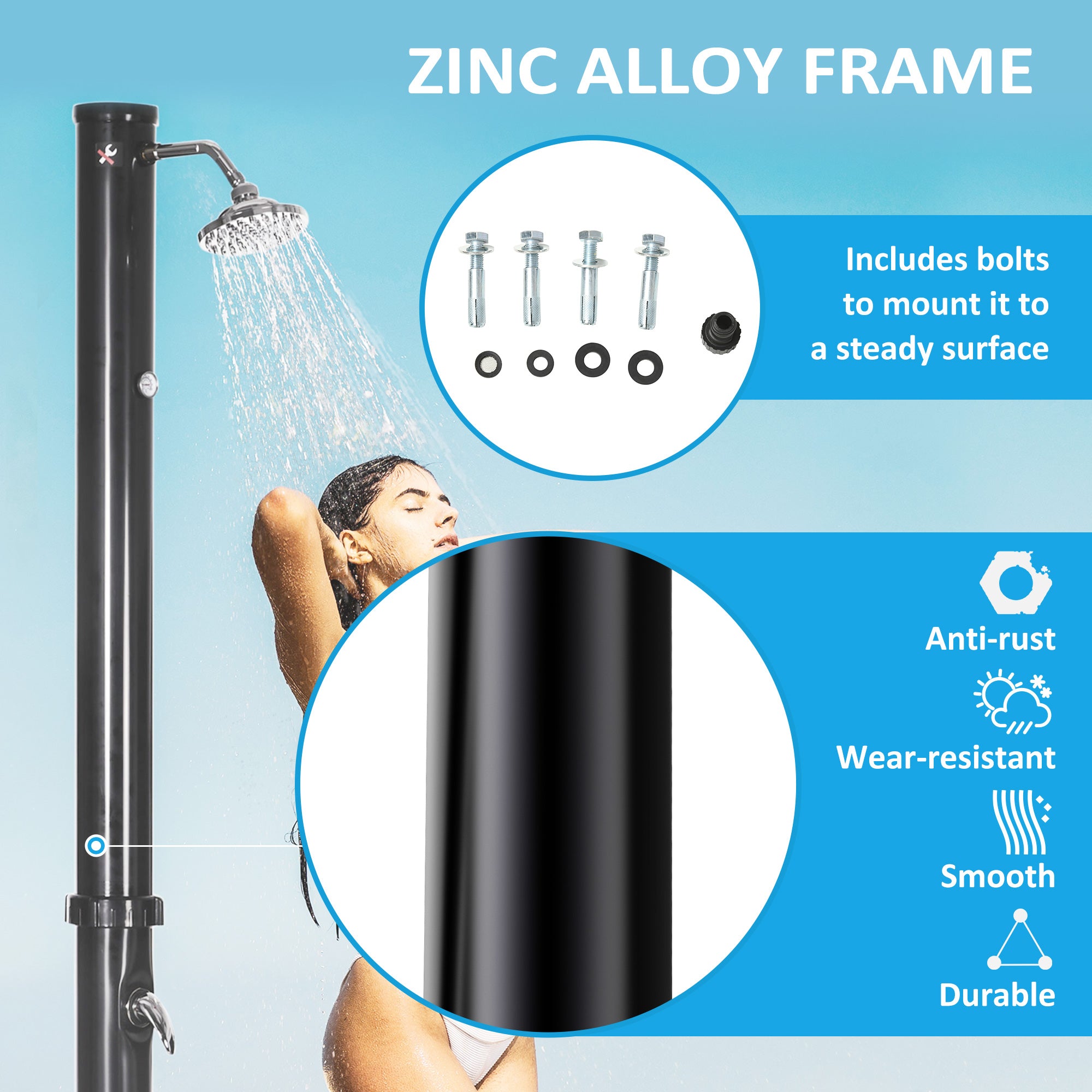 5.3 Gallons Solar Shower with Rotating Rainfall, Temperature Adjustment, 2 Section Outdoor Shower for Backyard, Black Outdoor Swimming Pools & Hot Tubs at Gallery Canada