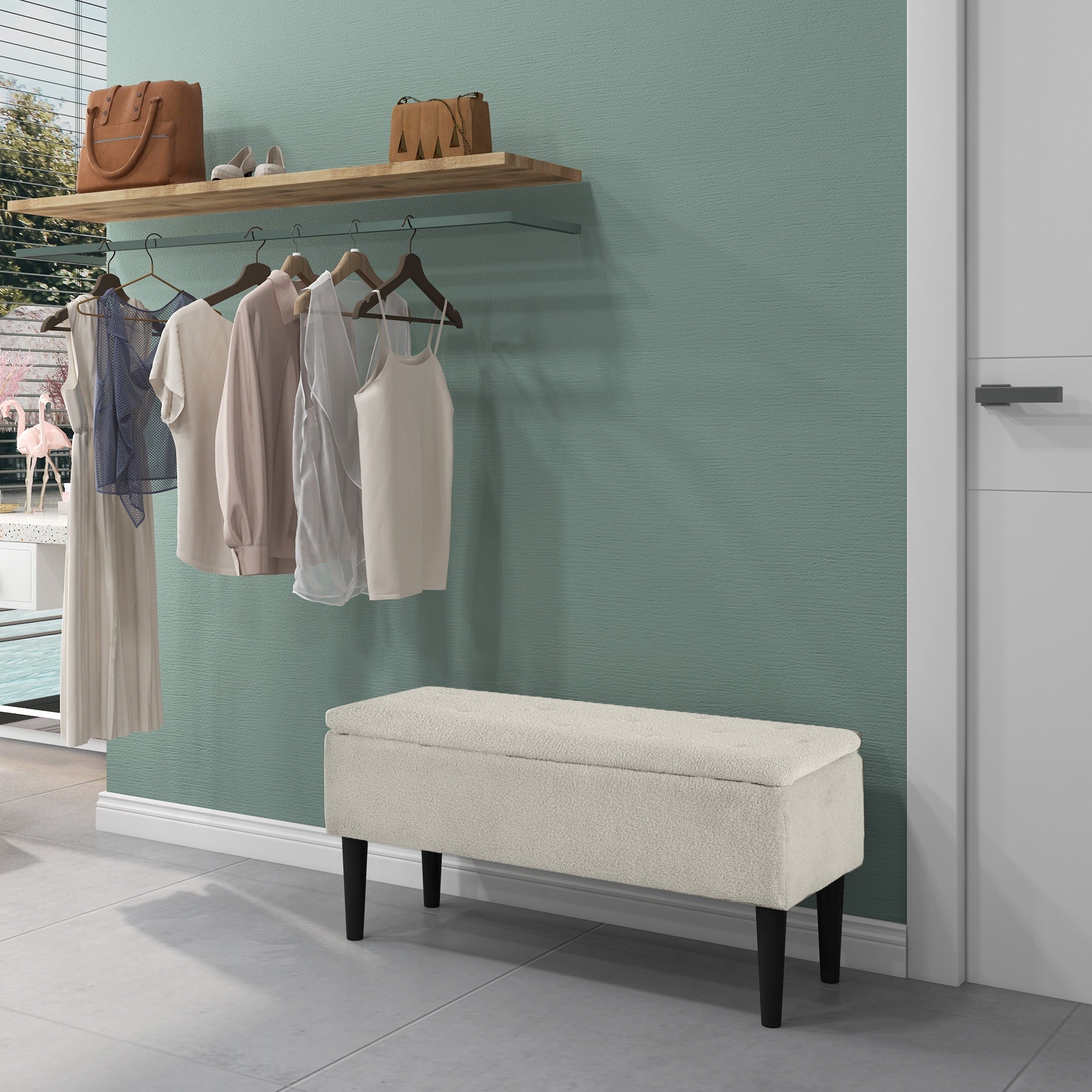 37 Inch Modern Ottoman with Storage and Wooden Legs, Storage Ottoman with Teddy Velvet Upholstery, for Living Room, Bedroom, Cream White Storage Ottomans & Benches at Gallery Canada