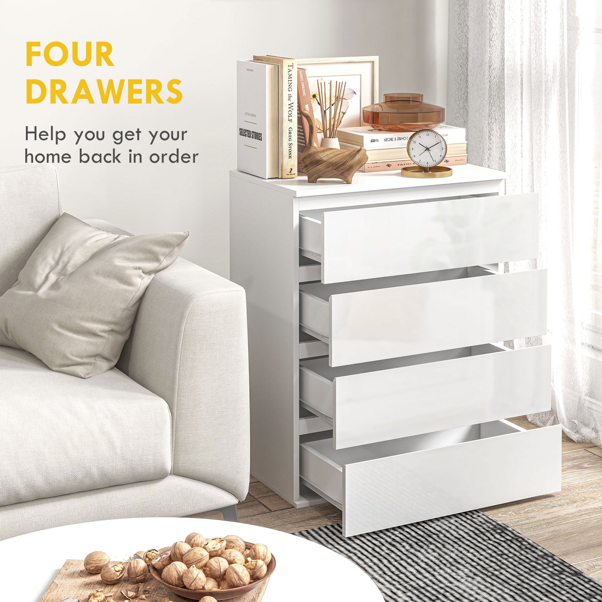 4 Drawer Cabinet, High Gloss Drawer Chest for Bedroom, Chest of Drawers with Metal Runners and Groove Handles, White Storage Cabinets   at Gallery Canada