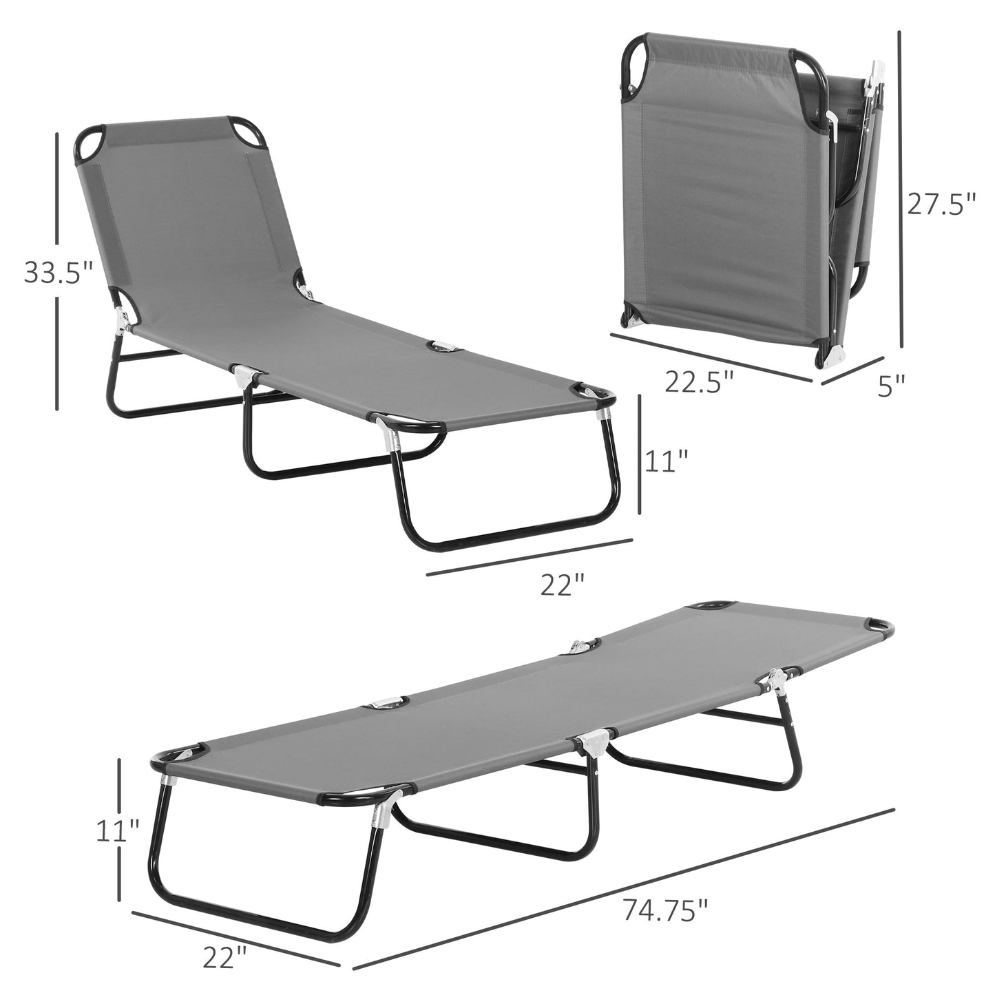 Outdoor Folding Lounge Chair, Steel Tanning Chair with Reclining Back, Breathable Mesh for Beach, Yard, Patio, Grey Lounger Chairs   at Gallery Canada