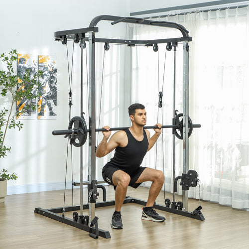 3 In 1 Smith Machine Power Rack with Cable Crossover System, Pull up Station, 16-Level Squat Rack and Barbell Bar