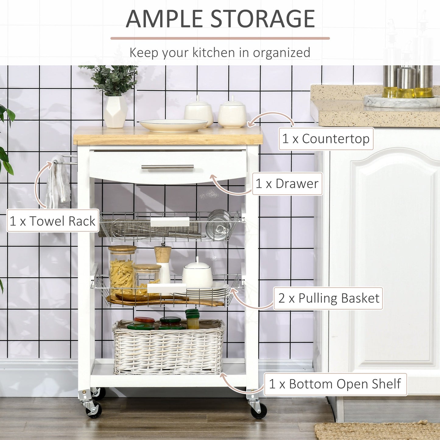 3-Tier Utility Kitchen Cart with Handle Bar, Steel Basket Rolling Kitchen Island, Food Storage Service Trolley with Wheels, Rubber Wood Top, White Kitchen Islands & Kitchen Carts   at Gallery Canada