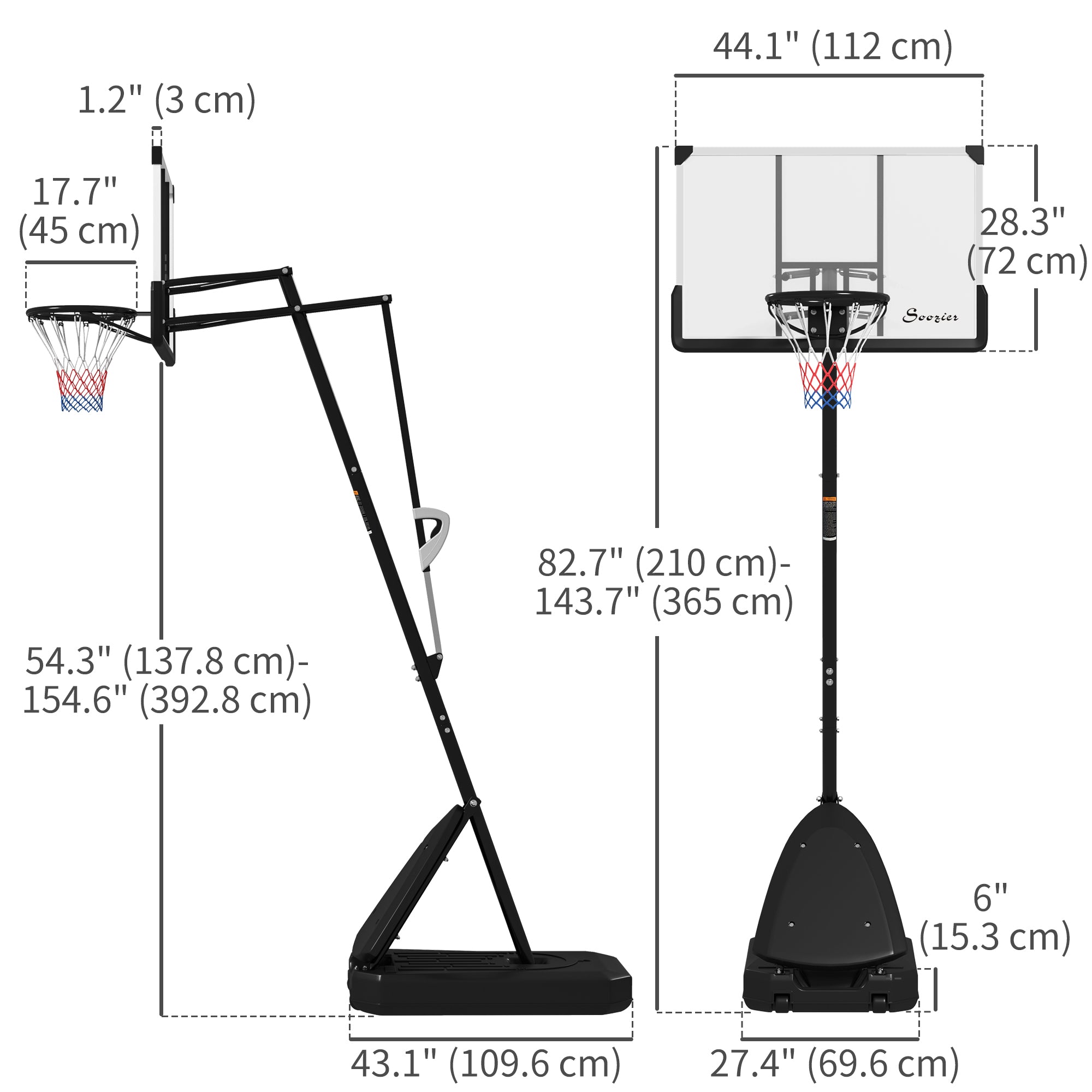 Basketball Hoop Outdoor, 5-10ft Portable Basketball Goal with 44