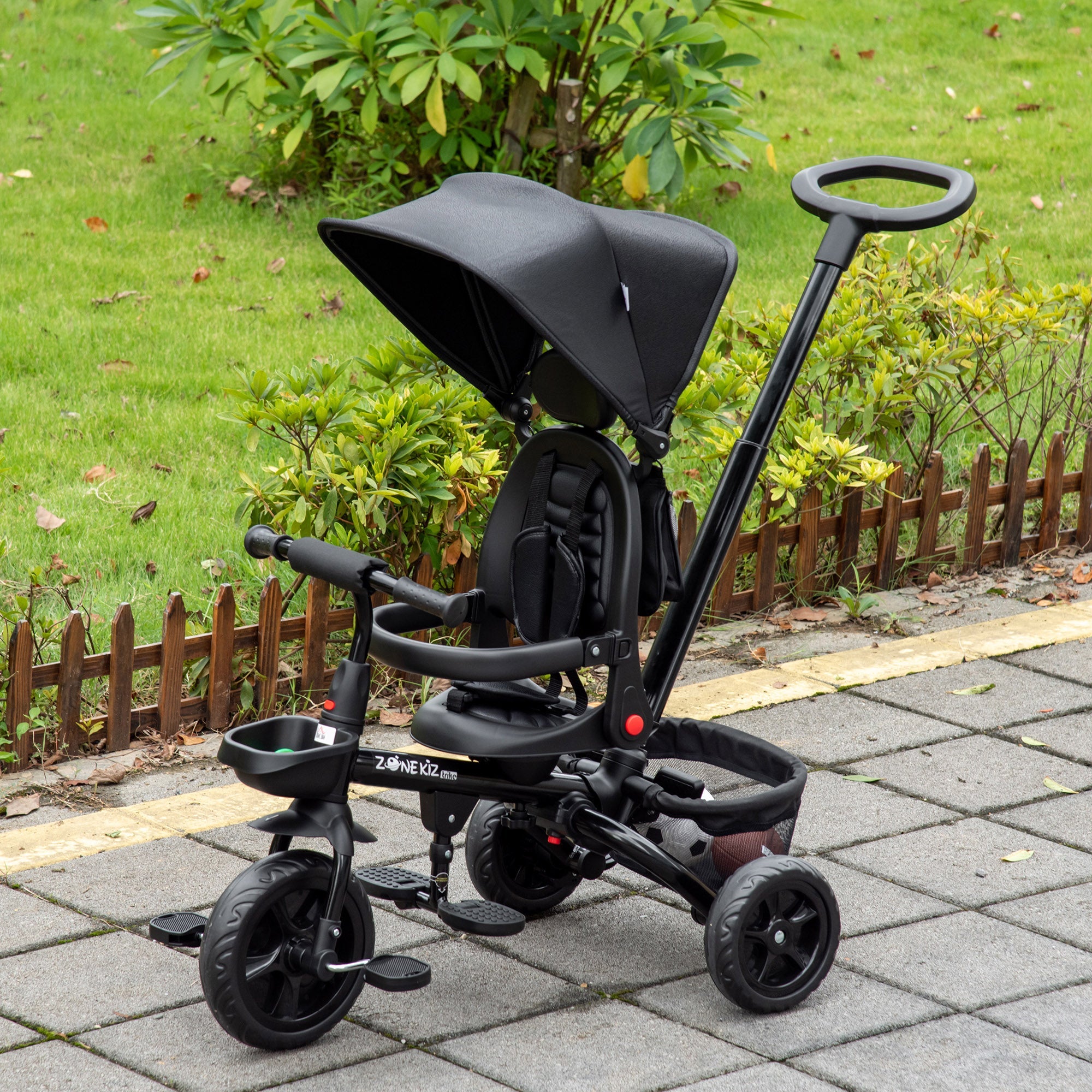 4-in-1 Baby Tricycle with Adjustable Seat, Handle, Canopy, Storage, Black Tricycles for Kids   at Gallery Canada