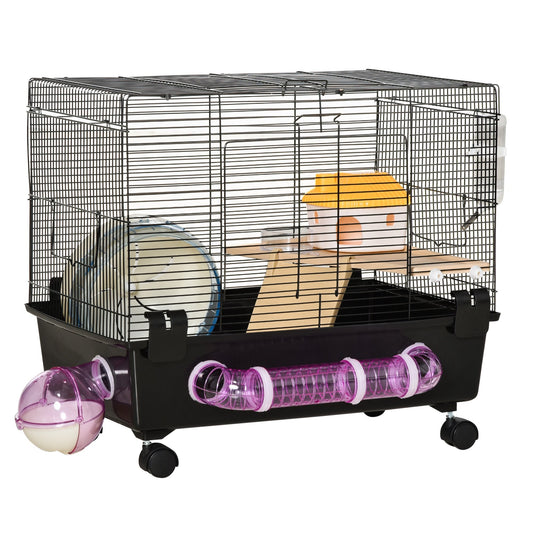 Hamster Cage, Gerbil Haven, Multi-storey Rodent House, Small Animal Habitats, Large Hide-out, w/ Water Bottle, Tubes, Exercise Wheel, Food Dish, Ramp, Shower Room, Black - Gallery Canada